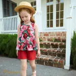 2pcs Toddler Girl Red Floral Print Ruffle Hem Tank Top and 100% Cotton Shorts Set  image 4