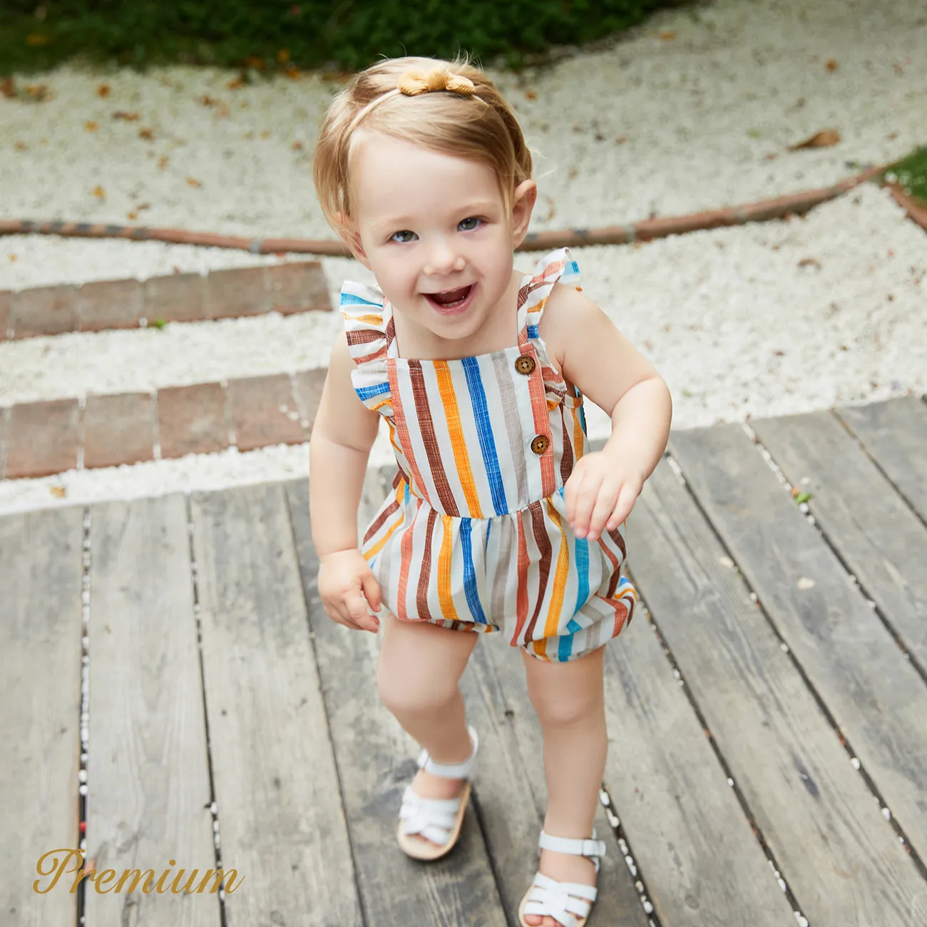Baby Girl 100% Cotton Solid or Colorful Striped Ruffle Trim Sleeveless Romper COLOREDSTRIPES big image 1