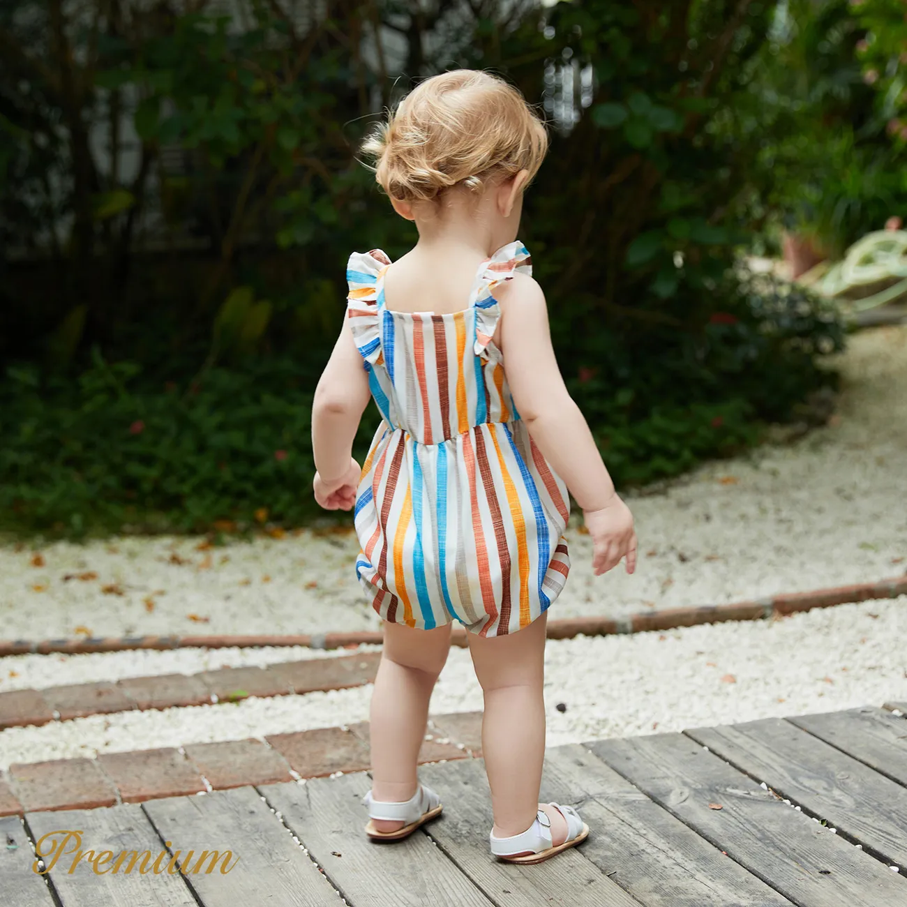 Baby Girl 100% Cotton Solid or Colorful Striped Ruffle Trim Sleeveless Romper COLOREDSTRIPES big image 1