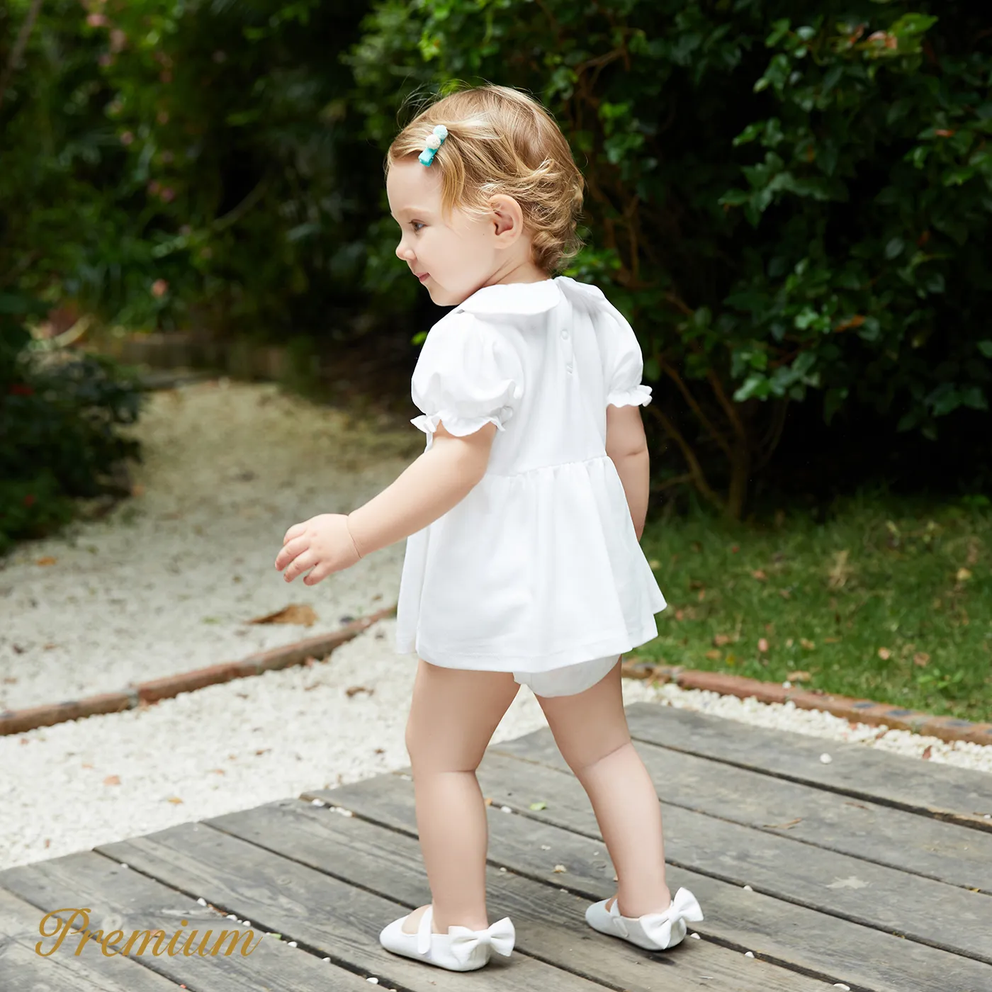 Baby Girl Embroidered Detail Peter Pan Collar Puff-sleeve Romper White image 4