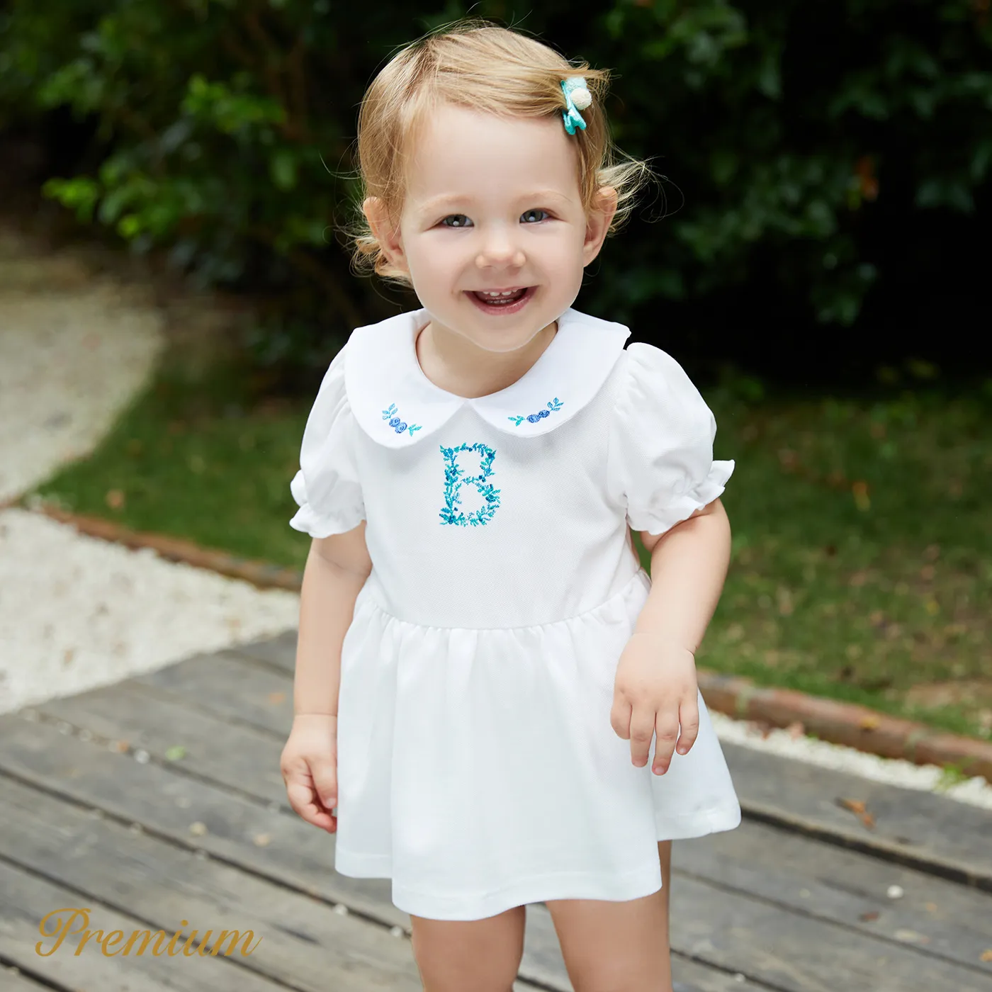 Baby Girl Embroidered Detail Peter Pan Collar Puff-sleeve Romper White image 2
