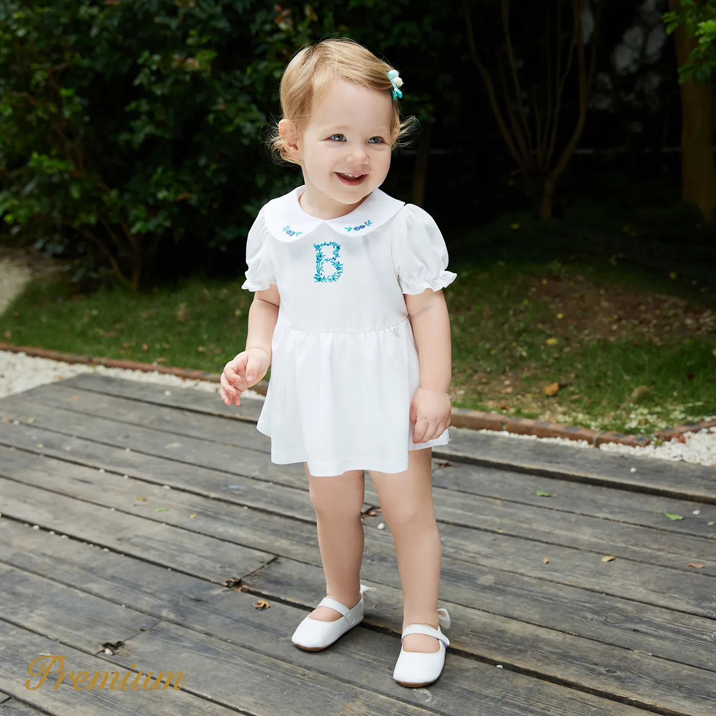 Baby Girl Embroidered Detail Peter Pan Collar Puff-sleeve Romper White image 3