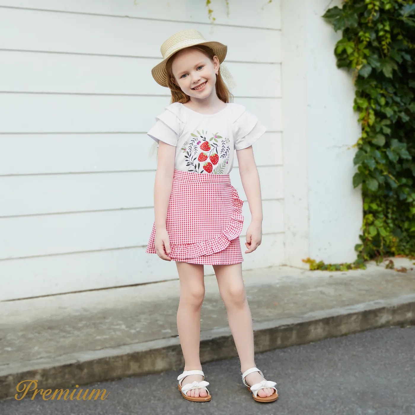 2pcs Toddler Girl Strawberry Print Cotton Top and Ruffled Tulip Hem Plaid Skirt Set REDWHITE image 2