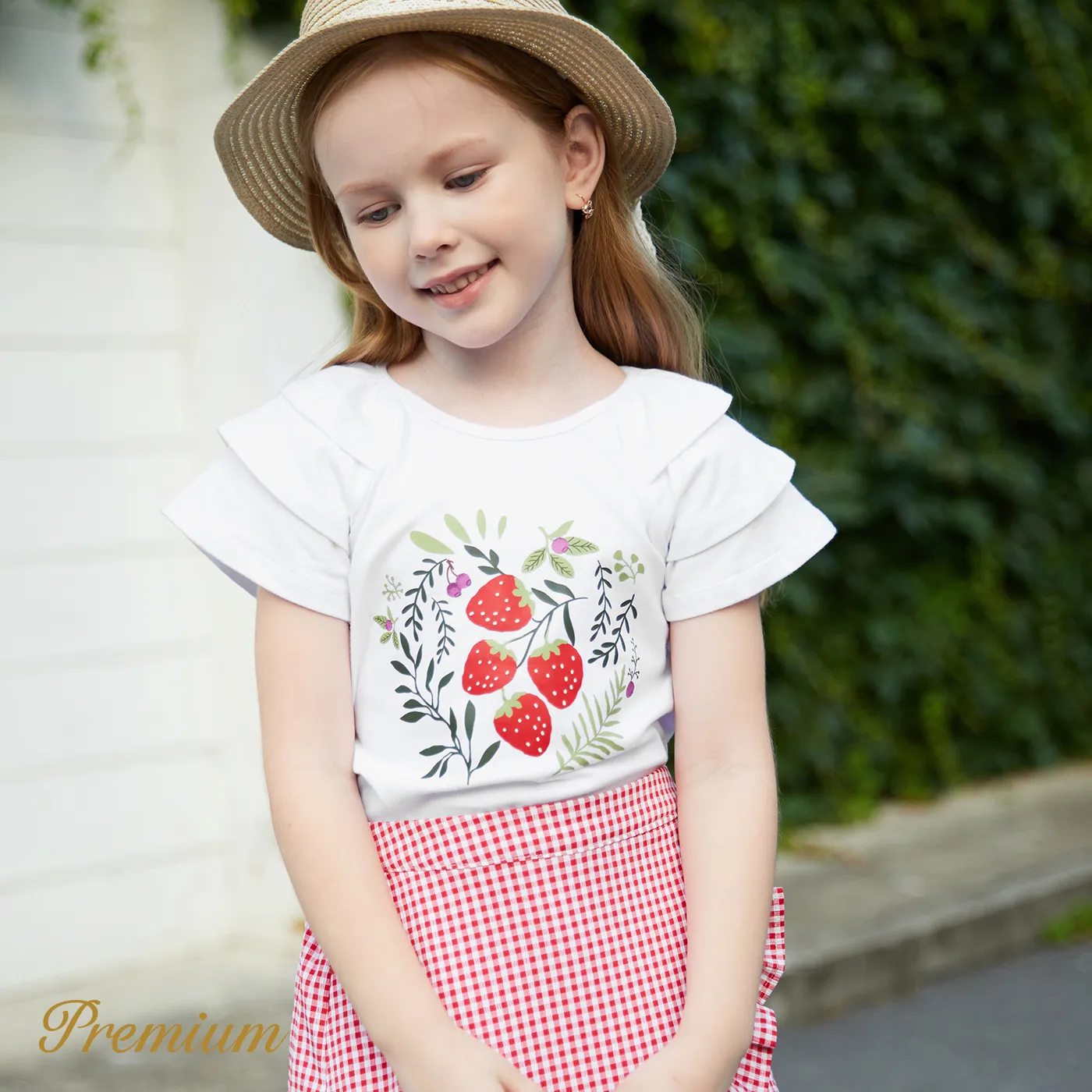 2pcs Toddler Girl Strawberry Print Cotton Top and Ruffled Tulip Hem Plaid Skirt Set REDWHITE image 5