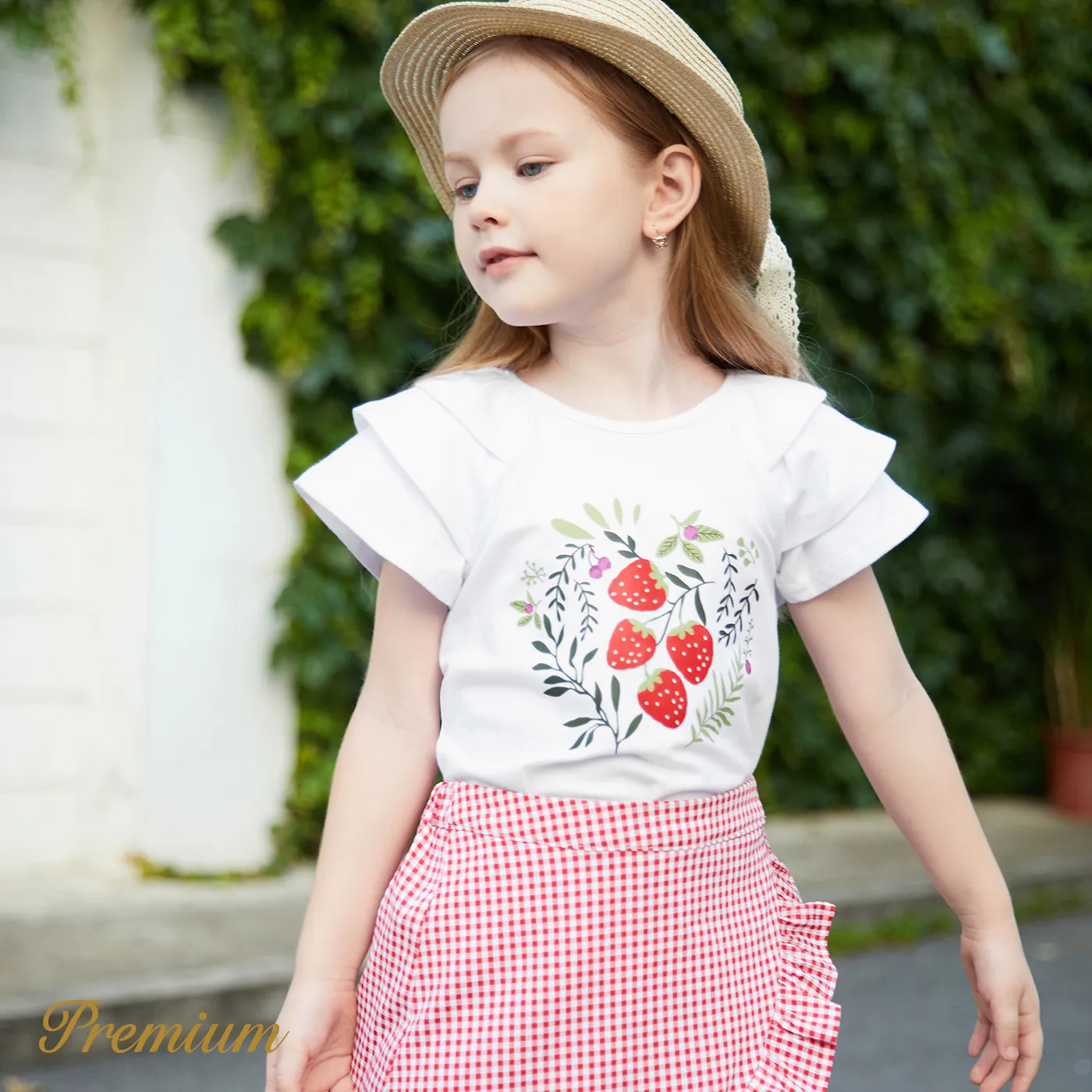 2pcs Toddler Girl Strawberry Print Cotton Top and Ruffled Tulip Hem Plaid Skirt Set REDWHITE image 3