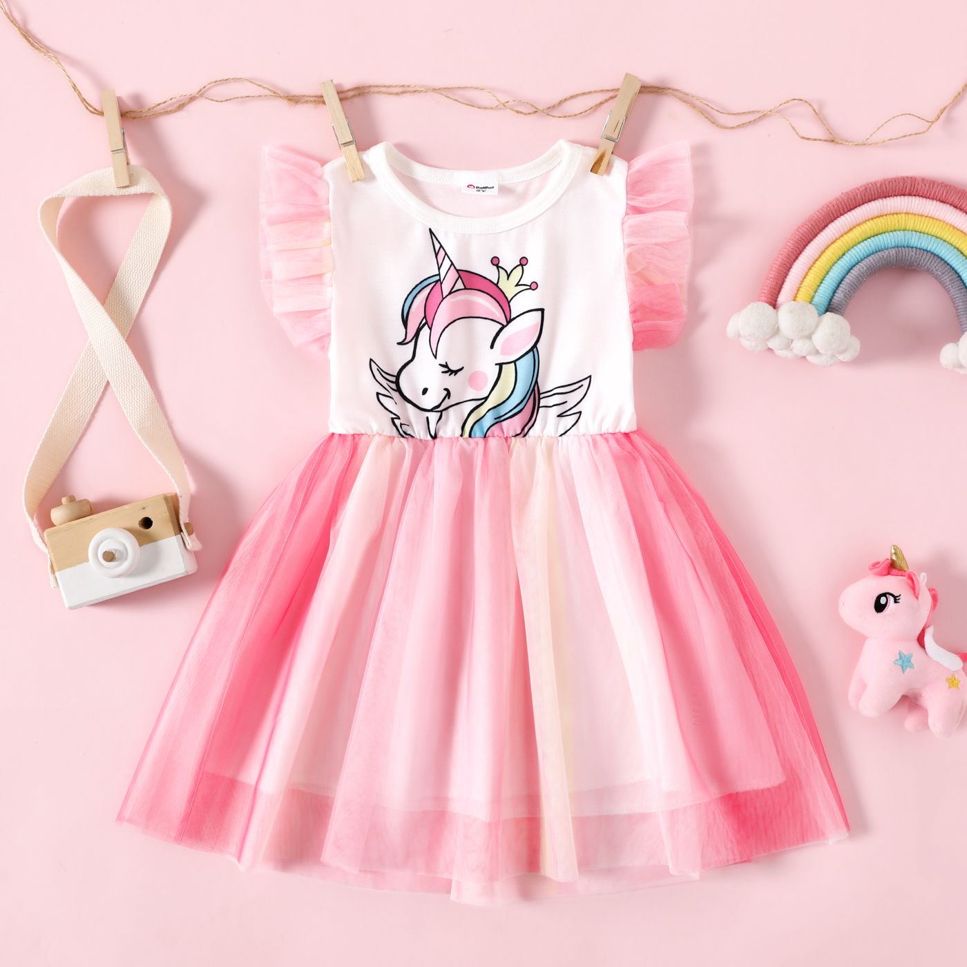 

Toddler Girl Unicorn Print Flutter-sleeve Mesh Fairy Dress