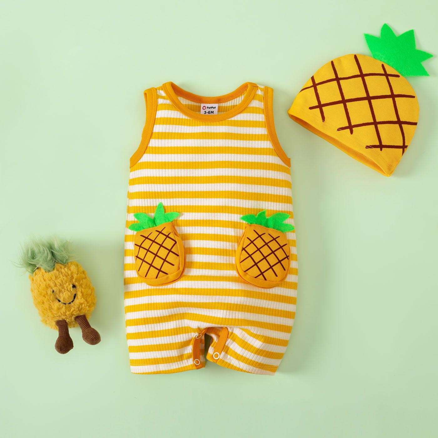 

Baby Boy/Girl Pineapple Embroidery Ribbed Stripe Sleeveless Bodysuit