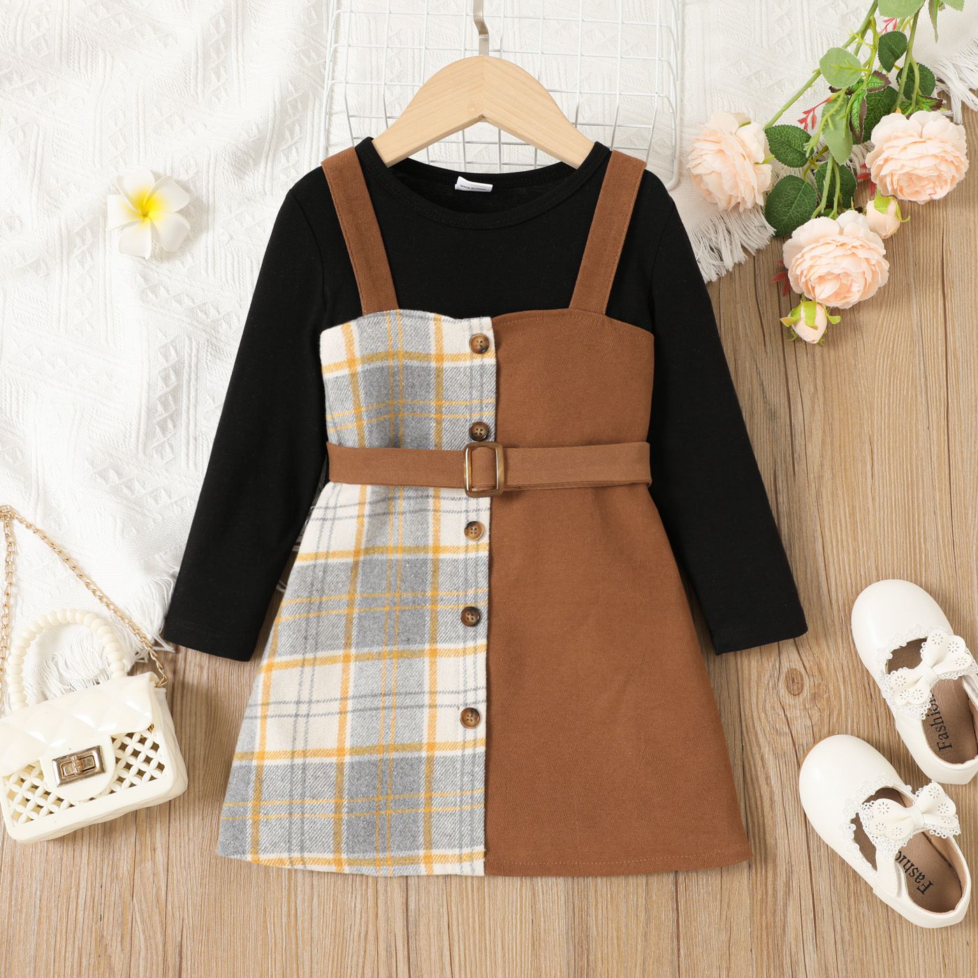 2pcs Toddler Girl Long-sleeve Top and Plaid Panel Belted Overall Dress Set