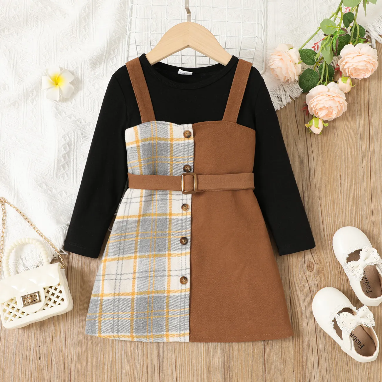 2pcs Toddler Girl Long-sleeve Top and Plaid Panel Belted Overall Dress Set Brown big image 1