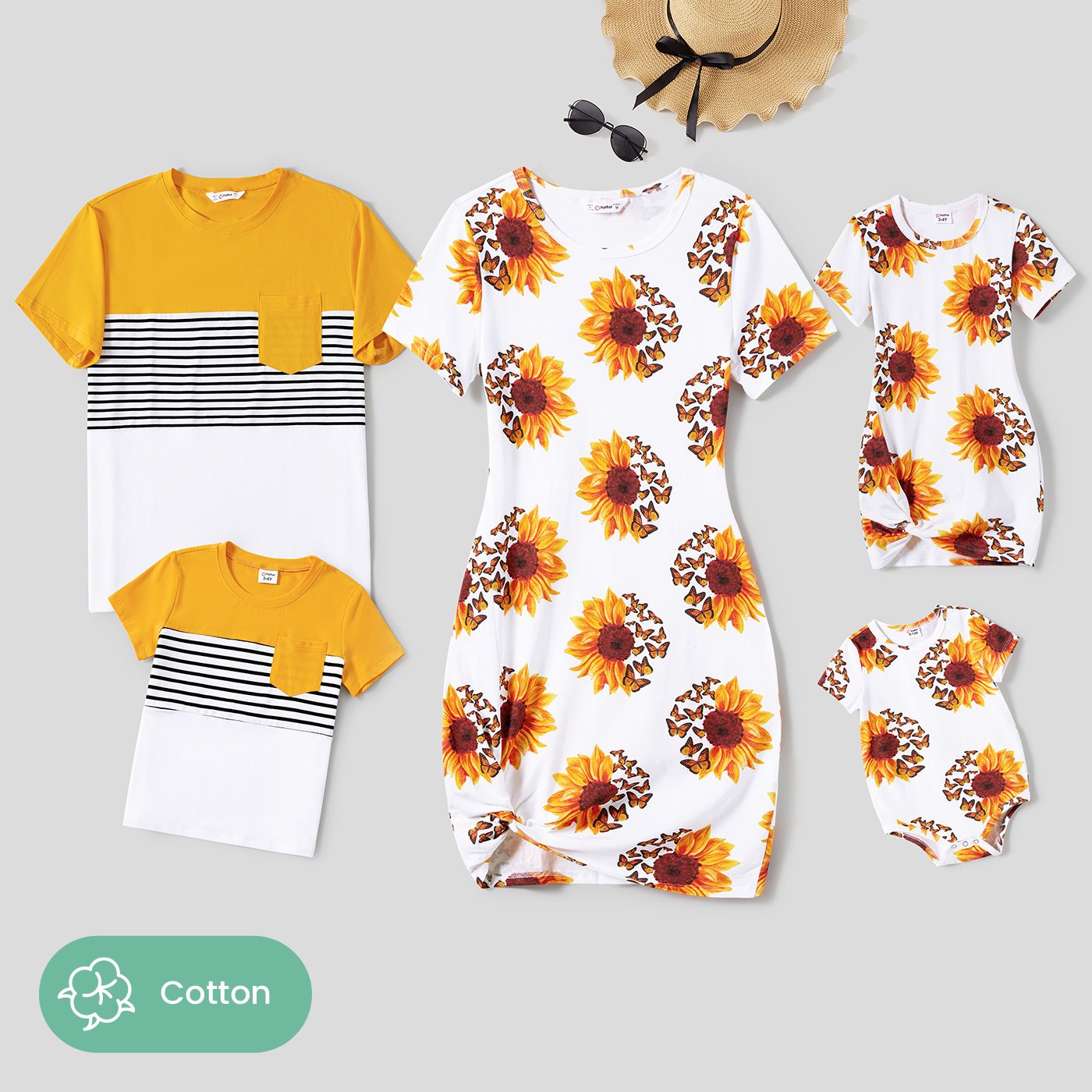 Famille Matching Sunflower Print Robes à Manches Courtes Et Colorblock Stripe Splice T-shirts à Manches Courtes Ensembles