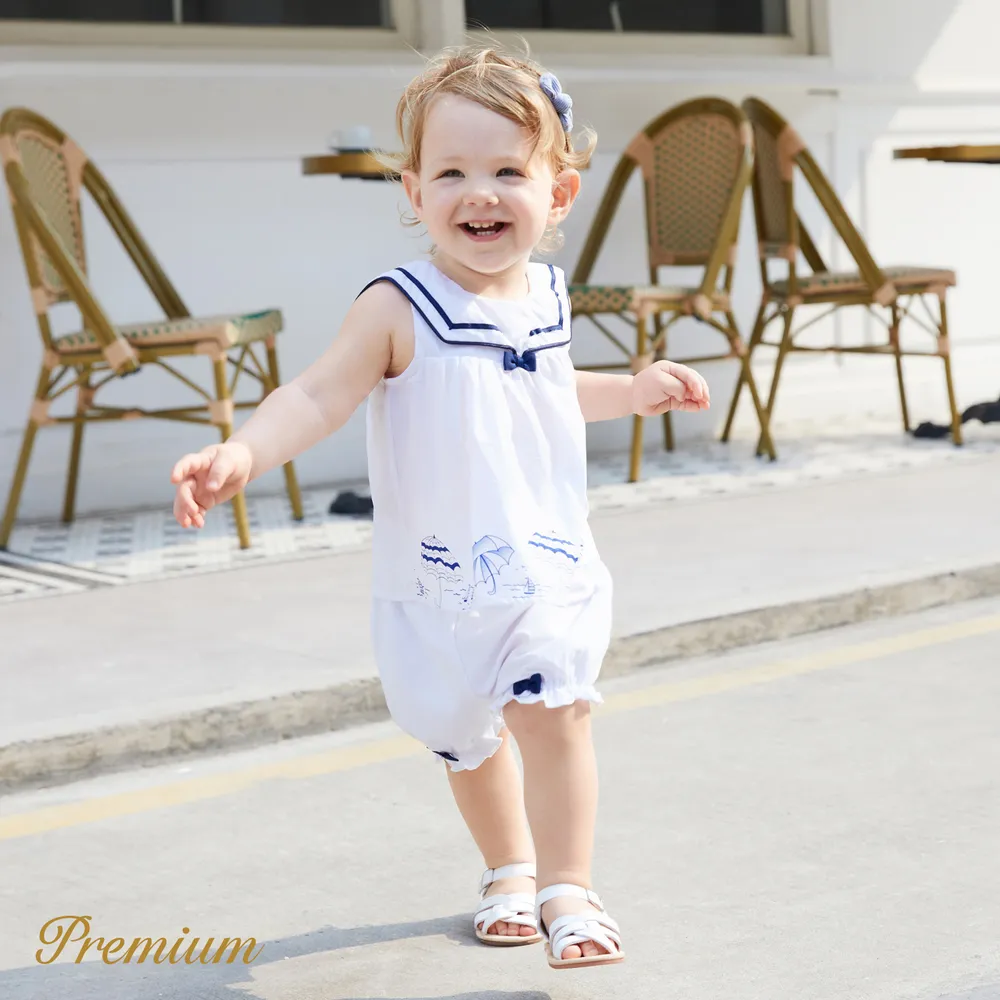 2pcs Baby Girl 100% Cotton Statement Collar Sleeveless Top and Bow Decor Cotton Shorts Set  big image 3