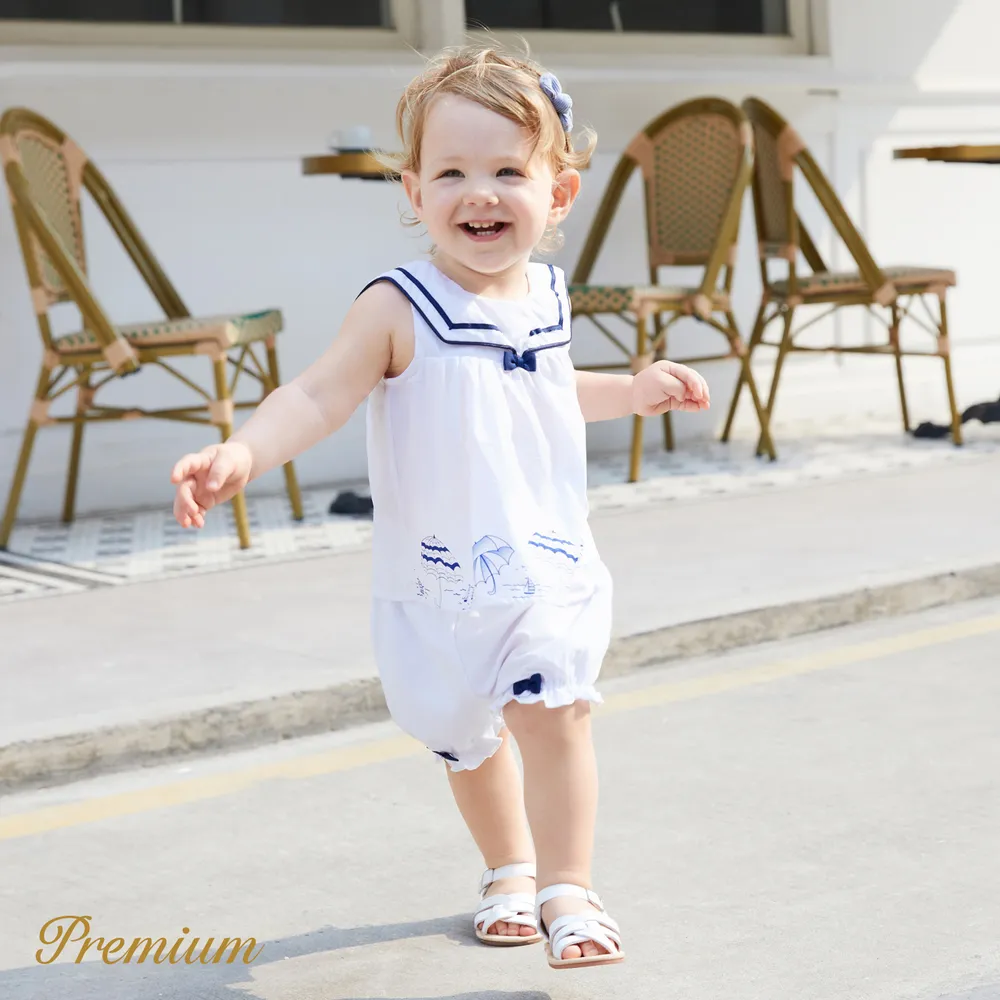 2pcs Baby Girl 100% Cotton Statement Collar Sleeveless Top and Bow Decor Cotton Shorts Set big image 3