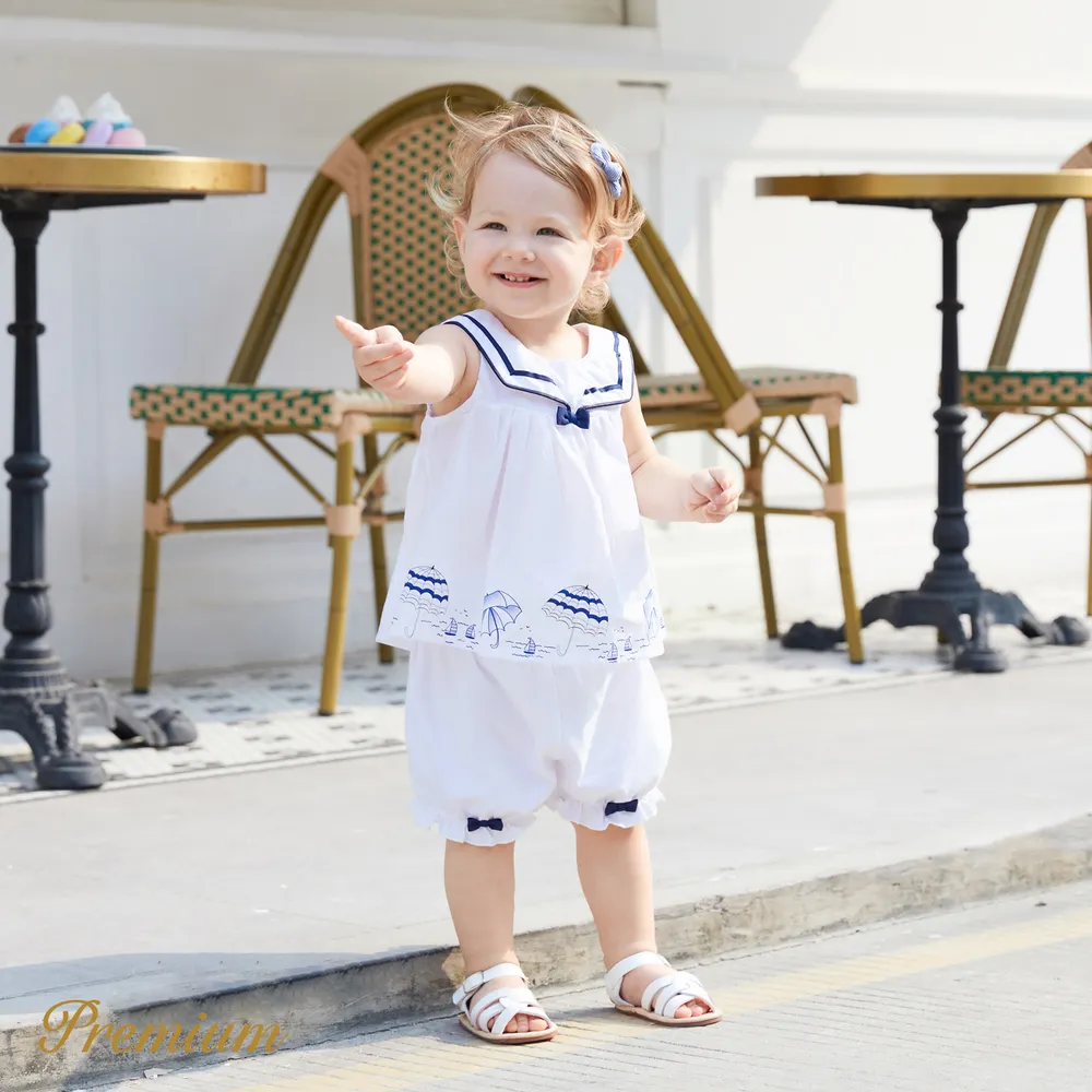 2pcs Baby Girl 100% Cotton Statement Collar Sleeveless Top and Bow Decor Cotton Shorts Set  big image 9