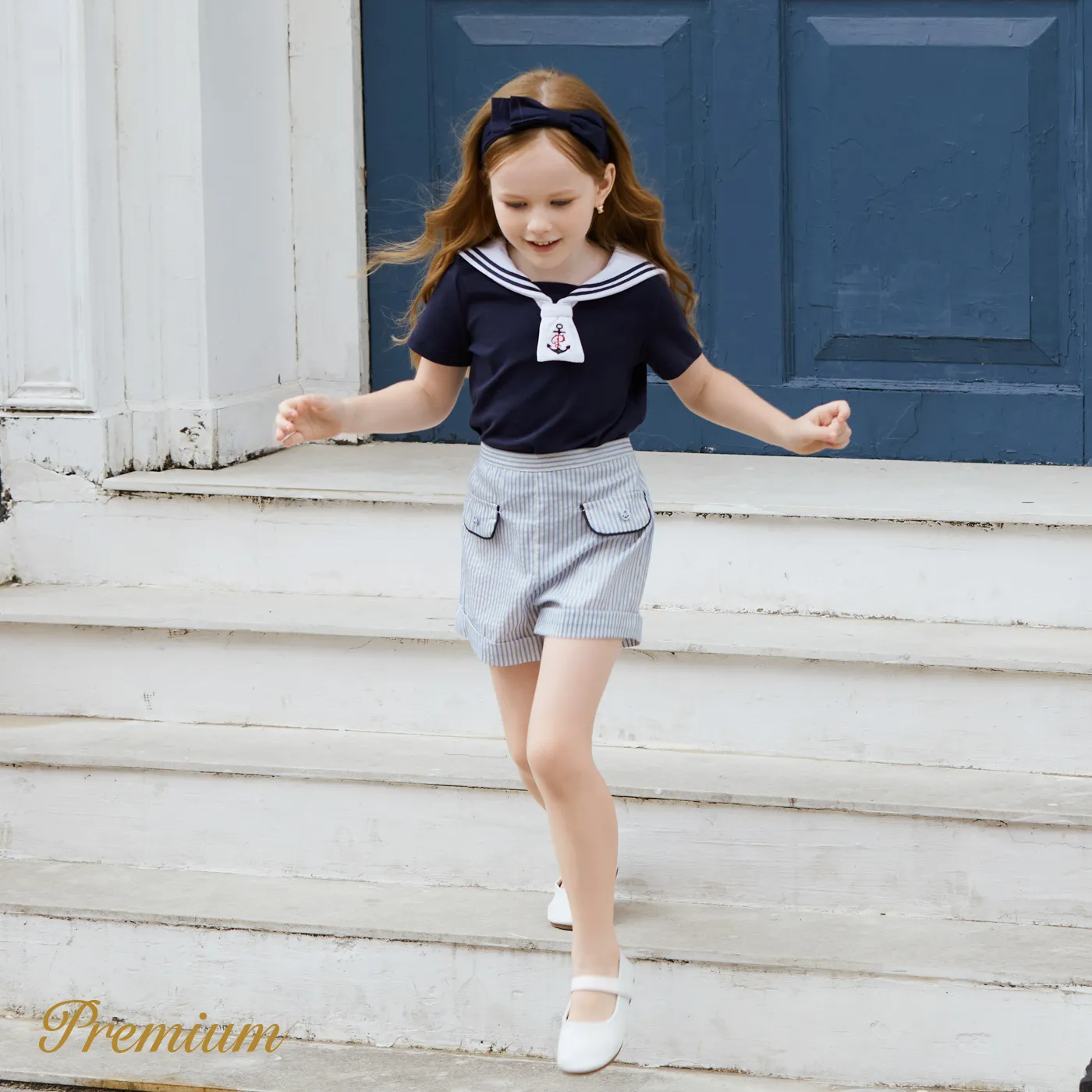 2pcs Toddler Girl/Boy Anchor Embroidered Statement Collar Top and 100% Cotton Striped Shorts Se  image 2
