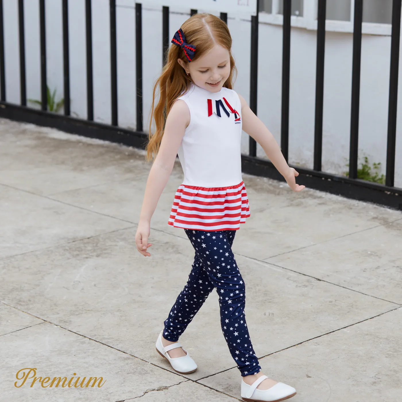 Independence Day 2-piece Kid Girl Cotton Sailboat & Letter Embroidery Striped Print Sleeveless Top and Allover Print Pants Set Tibetanbluewhite image 4