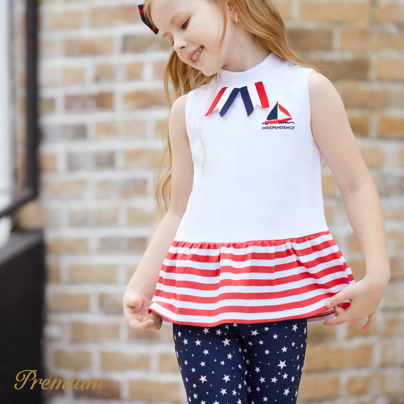 Independence Day 2-piece Kid Girl Cotton Sailboat & Letter Embroidery Striped Print Sleeveless Top and Allover Print Pants Set Tibetanbluewhite image 2