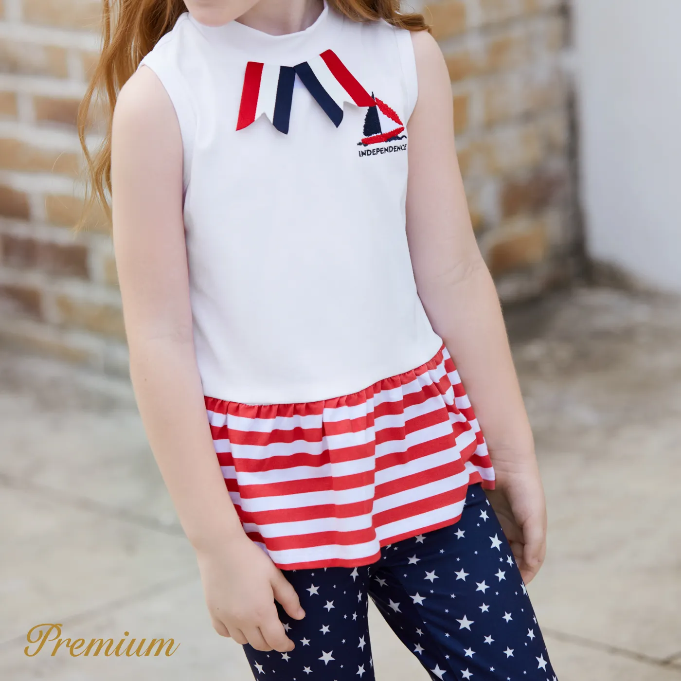 Independence Day 2-piece Kid Girl Cotton Sailboat & Letter Embroidery Striped Print Sleeveless Top and Allover Print Pants Set Tibetanbluewhite image 5
