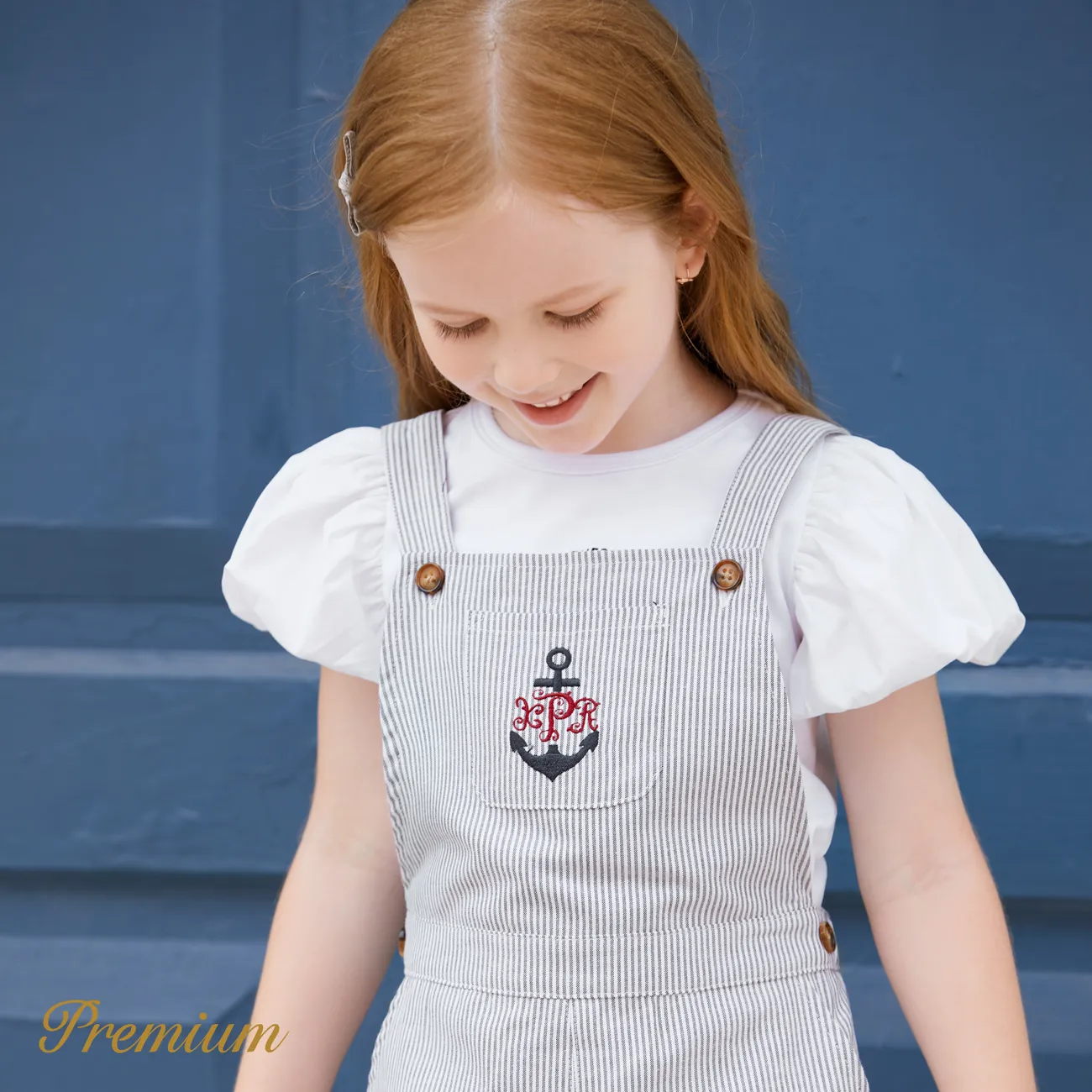 Toddler Girl/Boy Anchor Embroidered Patch Pocket Striped Overall Shorts BLUE WHITE big image 1