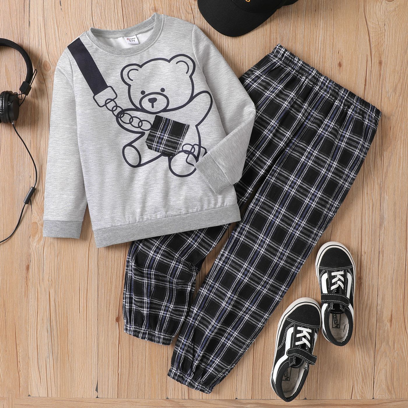 2pcs Kid Boy Bear Print Long-sleeve Pullover and Plaid Pants Set
