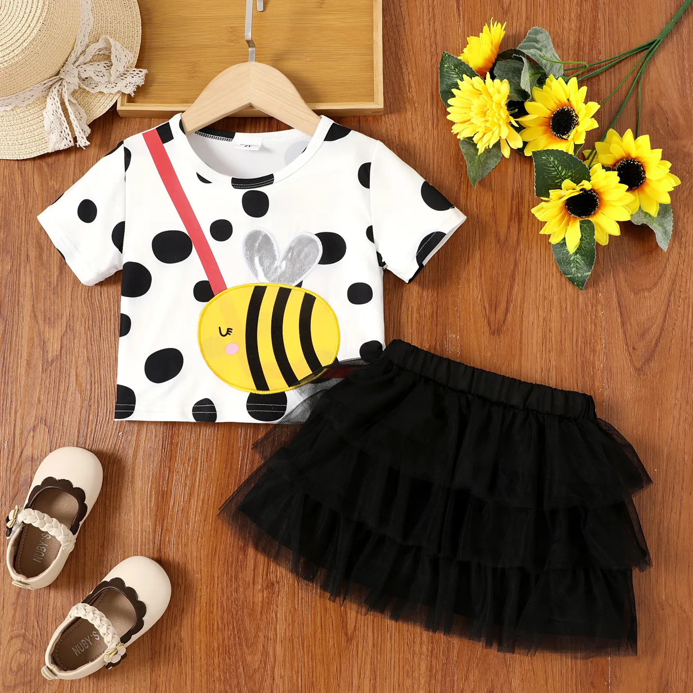2pcs Toddler Girl Bee Pattern Polka Dots Short-sleeve Tee and Solid Mesh Skirt Set BlackandWhite big image 1