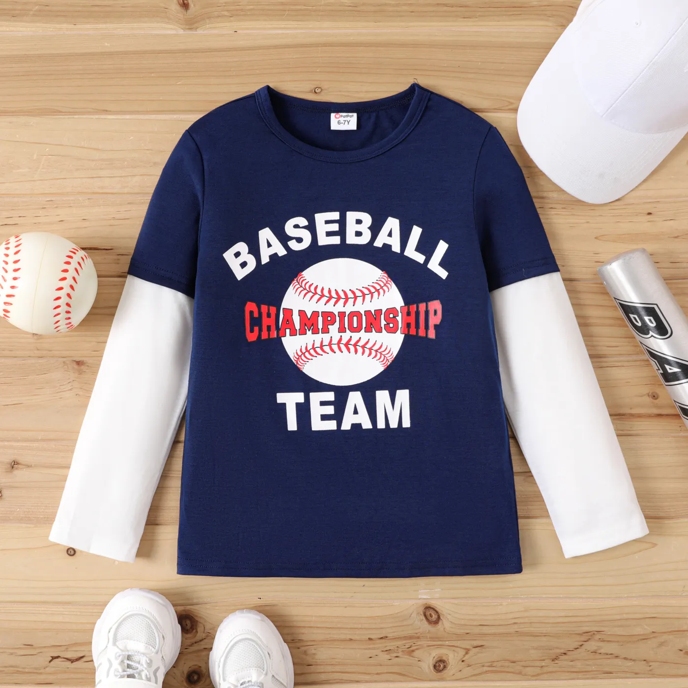 Kid Boy Baseball Letter Print 2 In 1 Long-sleeve Tee