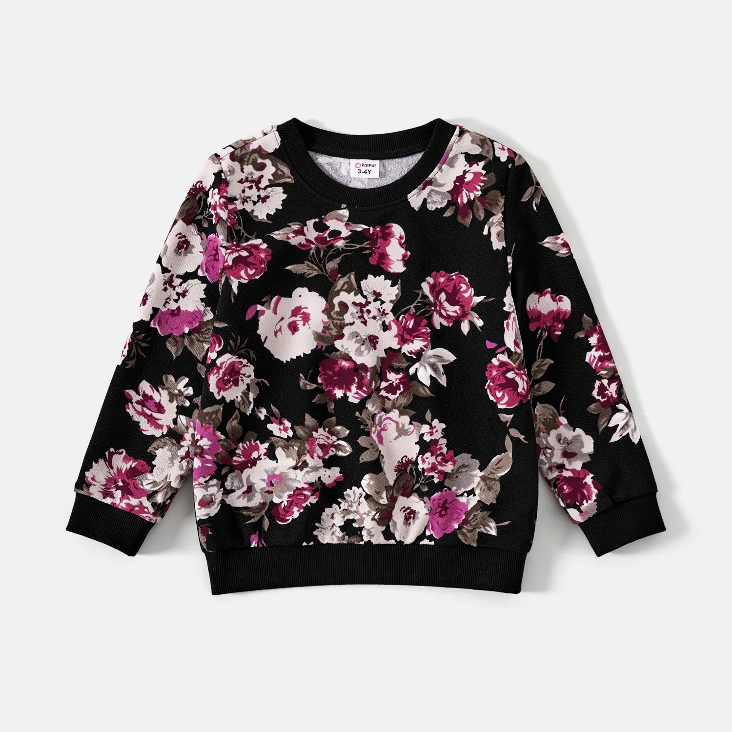 Mommy and Me Floral Print Crewneck Drop Shoulder Long-sleeve Tops  Black image 6