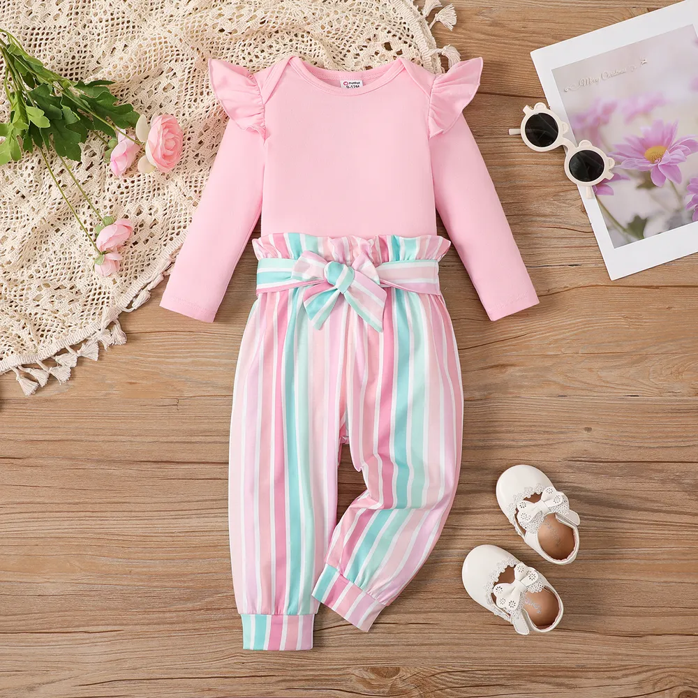 2pcs Baby Girl Ruffle Solid Long-sleeve Romper and Stripe Belted Pants Set  big image 3