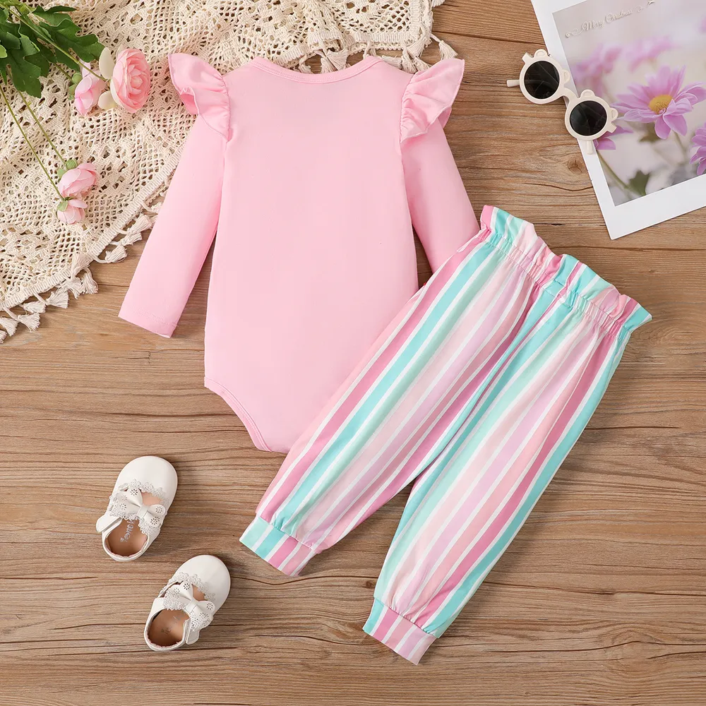 2pcs Baby Girl Ruffle Solid Long-sleeve Romper and Stripe Belted Pants Set  big image 2