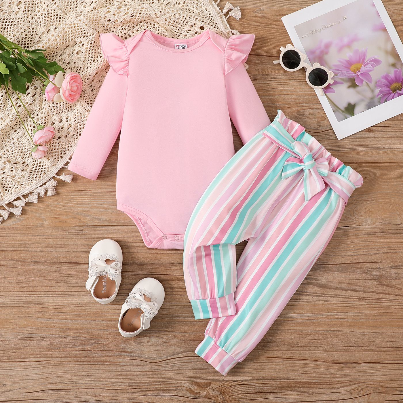 2pcs Baby Girl Ruffle Solid Long-sleeve Romper And Stripe Belted Pants Set