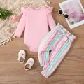 2pcs Baby Girl Ruffle Solid Long-sleeve Romper and Stripe Belted Pants Set  image 1