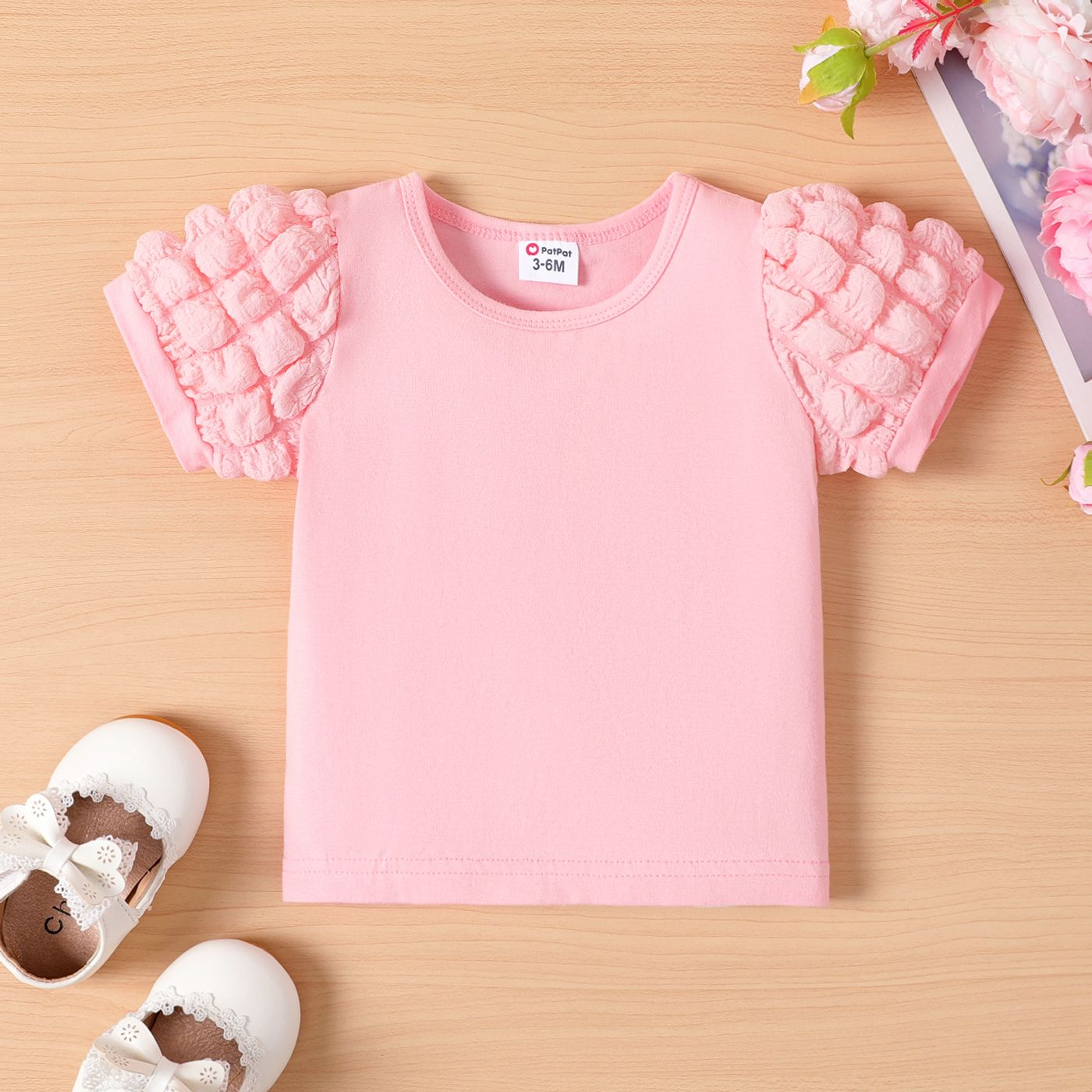 Baby Girl 95% Cotton Solid Puff-sleeve Tee