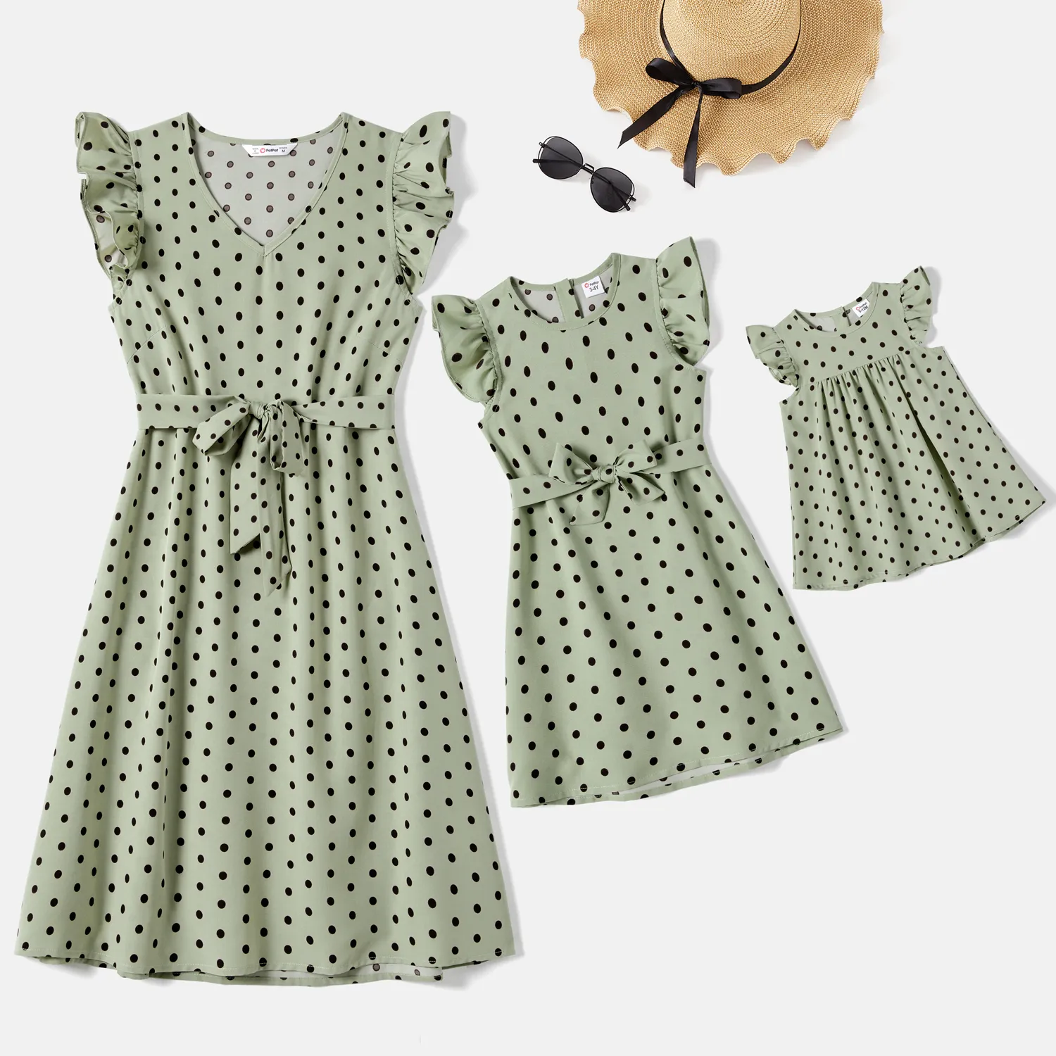 Mommy and Me Allover Polka Dots Print Flutter-sleeve Belted Dresses