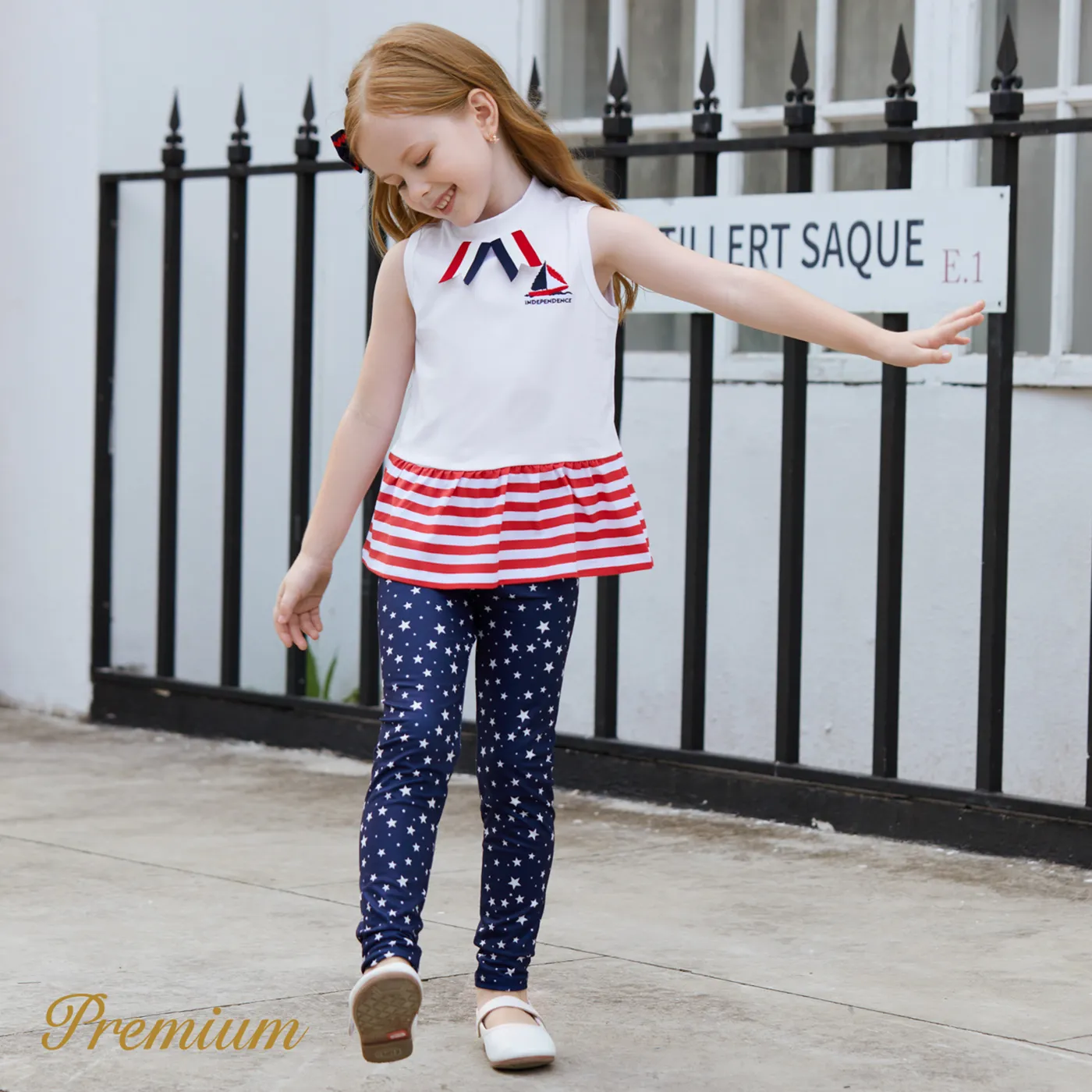 Independence Day 2-piece Kid Girl Cotton Sailboat & Letter Embroidery Striped Print Sleeveless Top and Allover Print Pants Set Tibetanbluewhite image 3