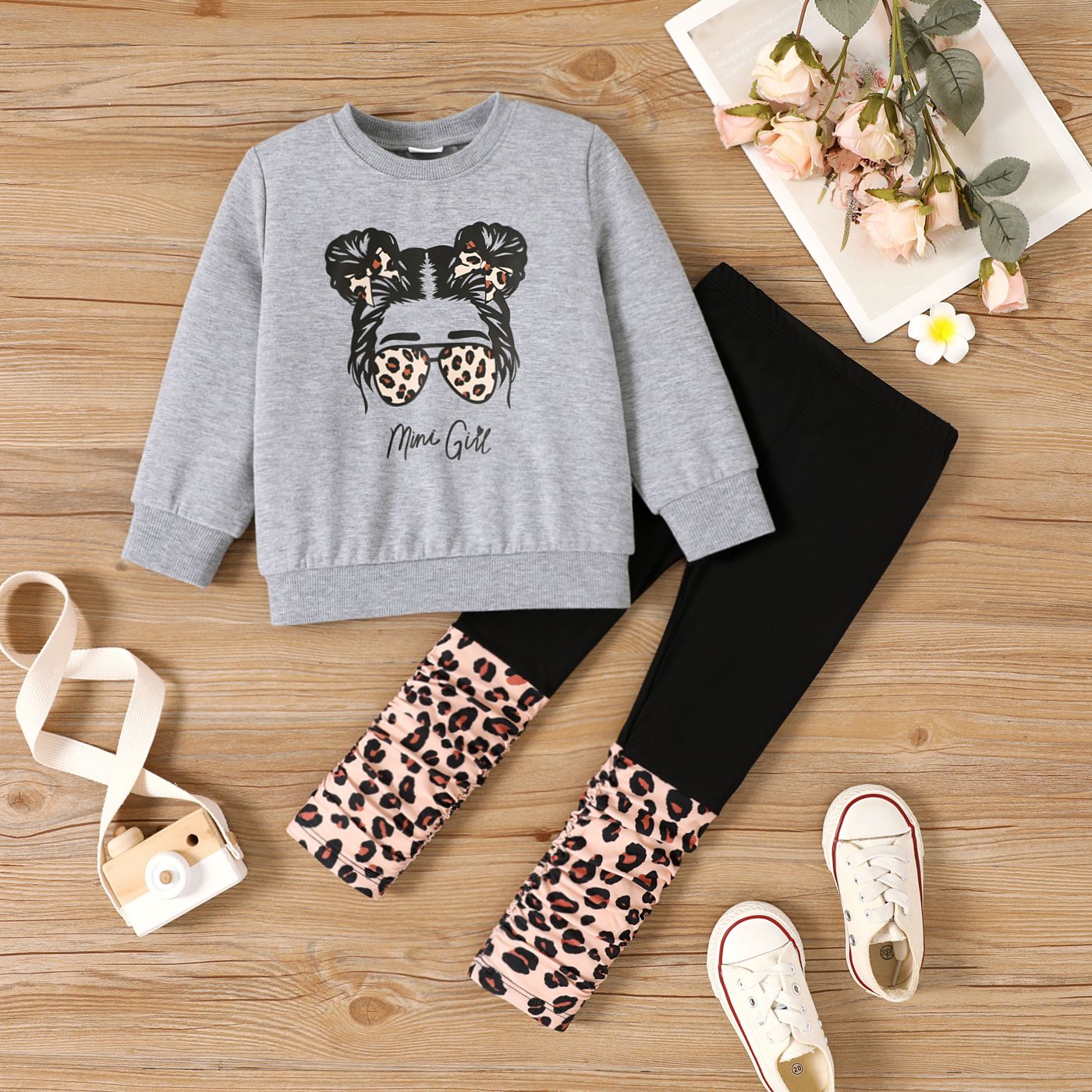 2pcs Toddler Girl Figure Print Pullover Sweatshirt Et Leopard Panel Pants Set