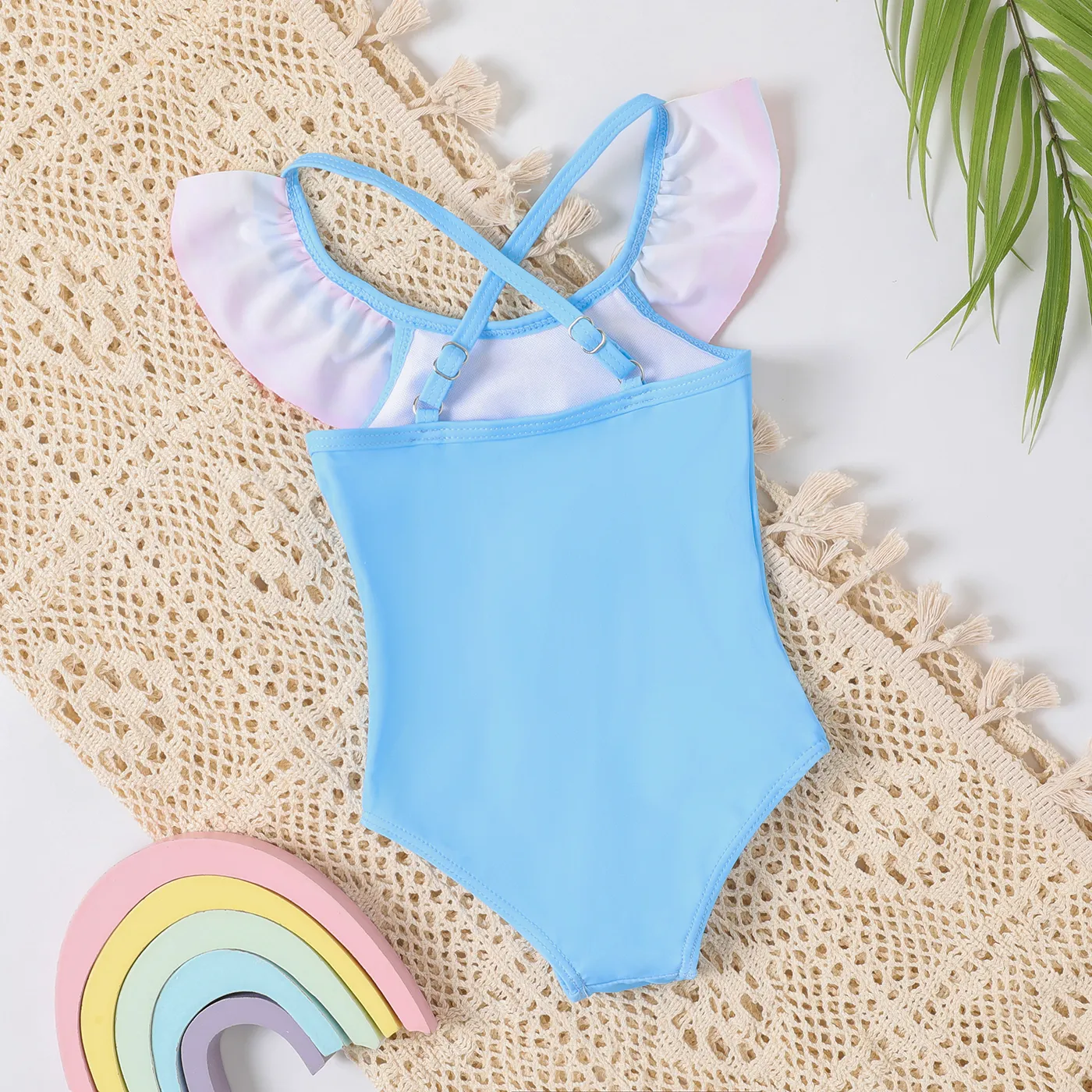 Baby Girl Rainbow Print Ruffled Onepiece Swimsuit  Blue image 2