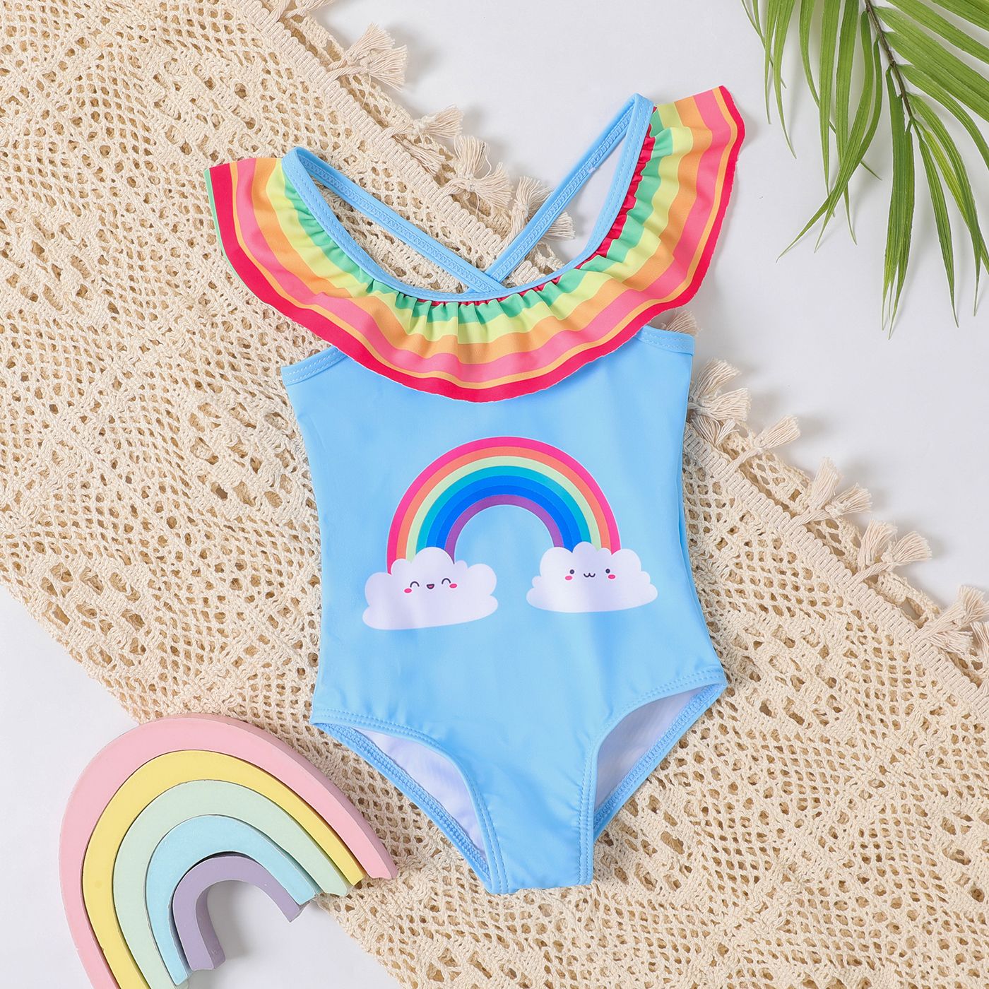 Baby Girl Rainbow Print Ruffled Onepiece Swimsuit