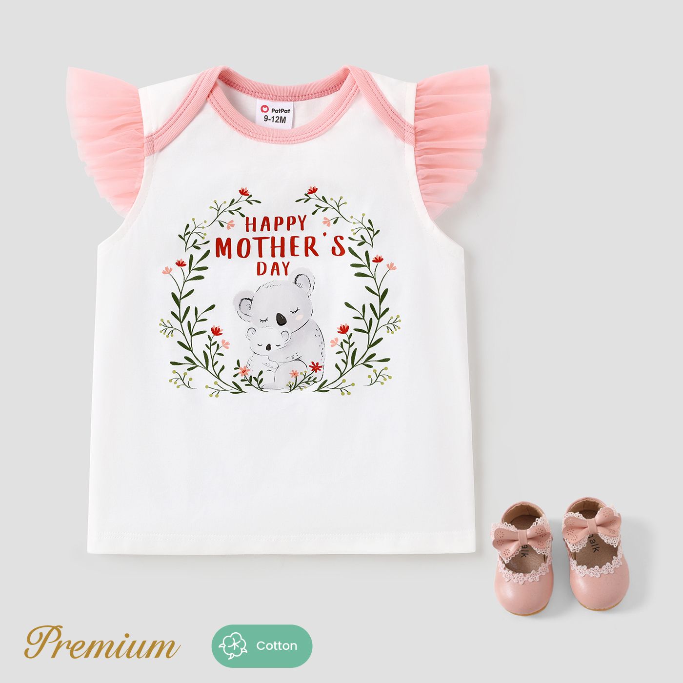Baby Girl 100% Cotton Mesh Flutter-sleeve Koala & Letter Print Tee