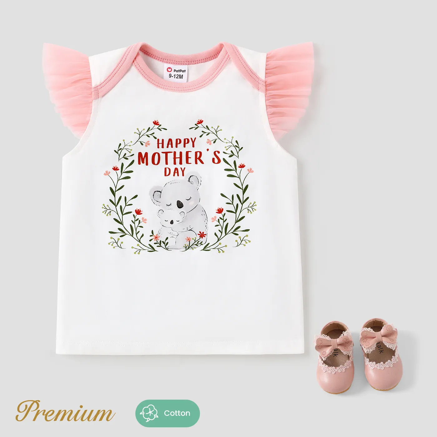 Baby Girl 100% Cotton Mesh Flutter-sleeve Koala & Letter Print Tee  big image 1