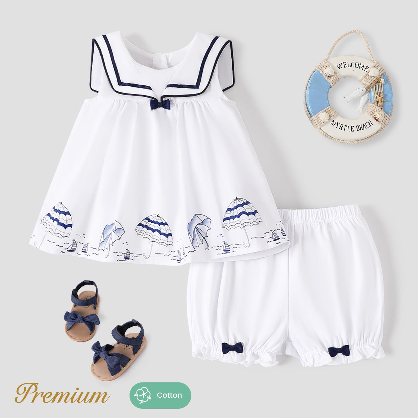 2pcs Baby Girl 100% Cotton Statement Collar Sleeveless Top and Bow Decor Cotton Shorts Set