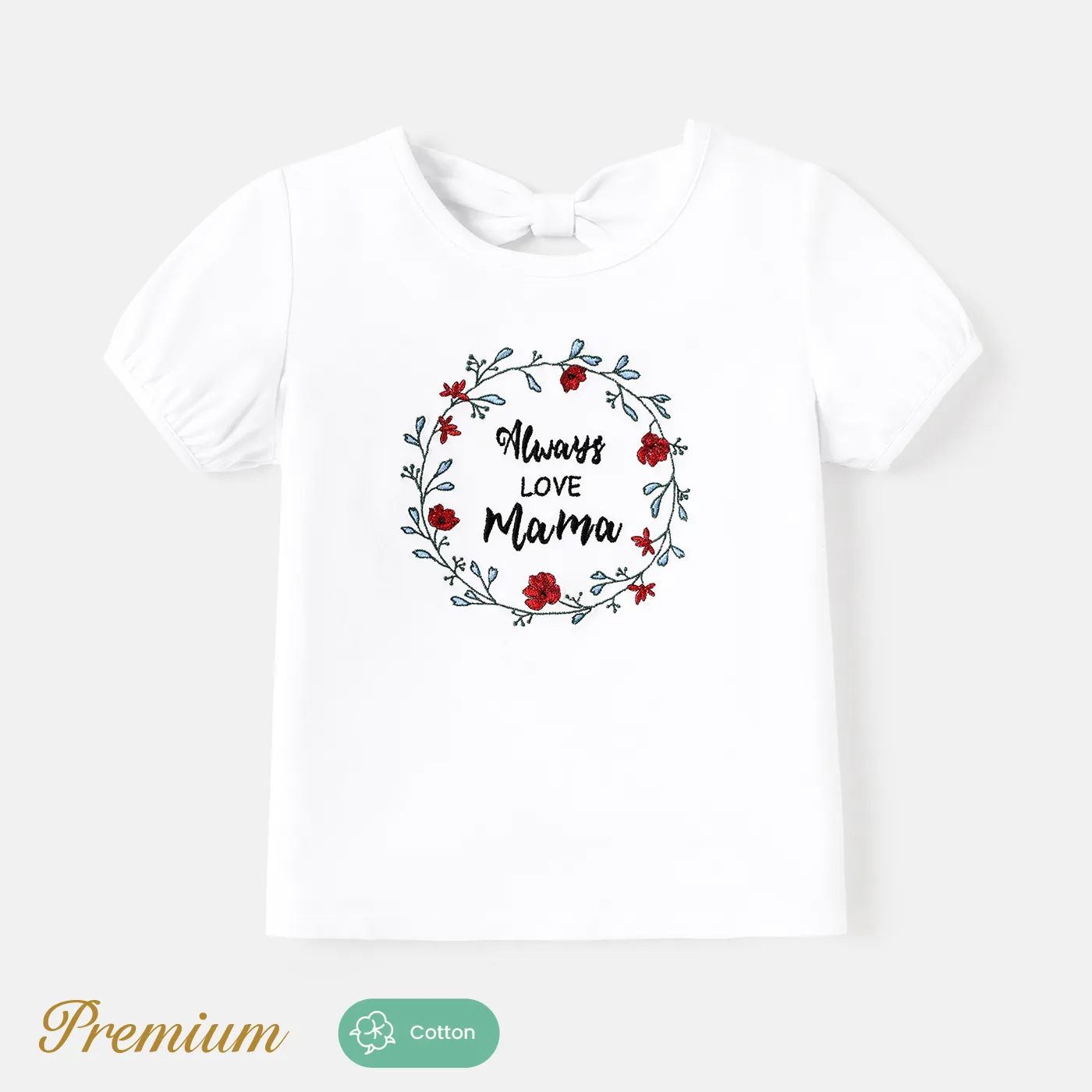 Mother's Day Toddler Girl Cotton Floral & Letter Embroidered Puff-sleeve Tee