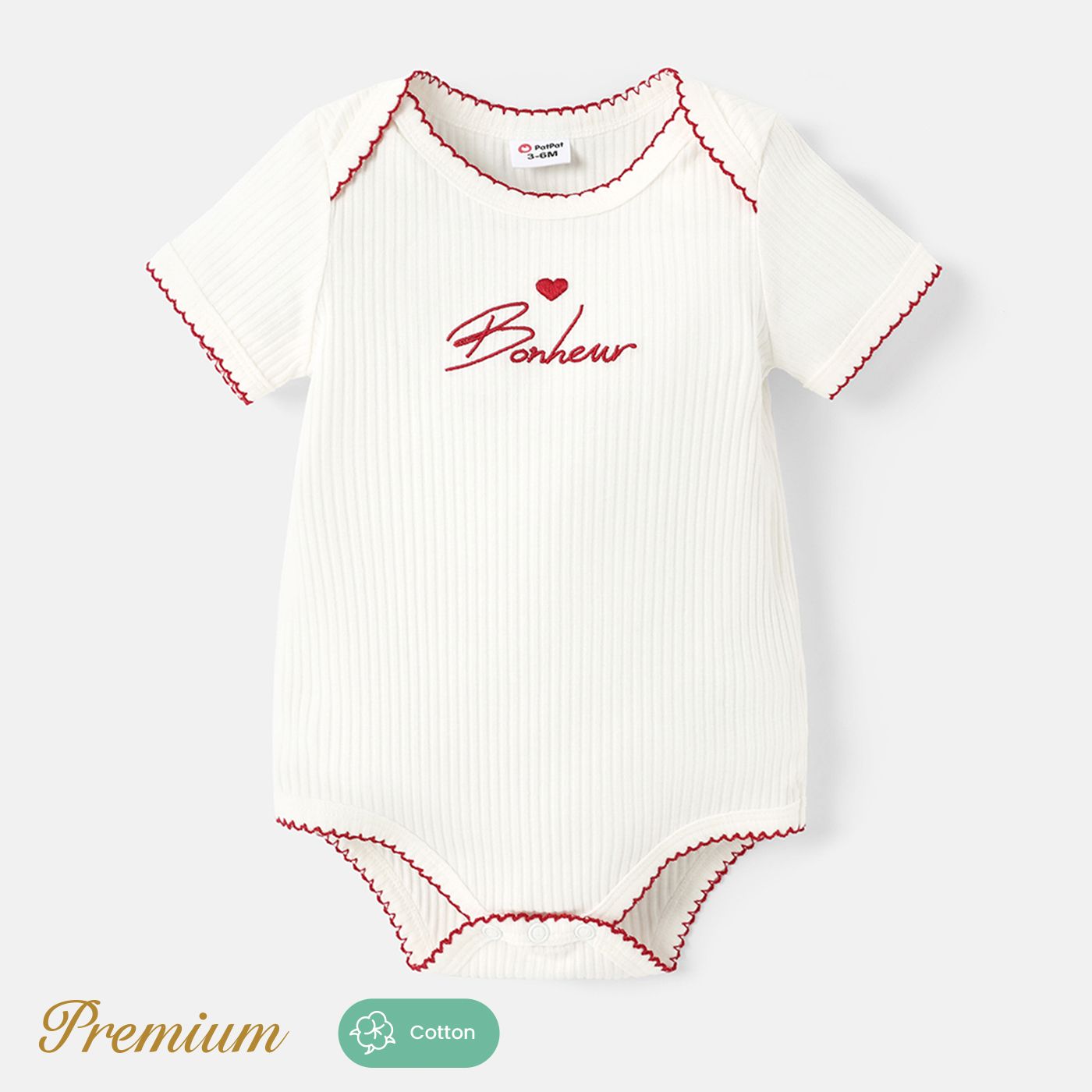Baby Girl Heart & Letter Embroidered Contrast Scallop Edge Short-sleeve Ribbed Romper