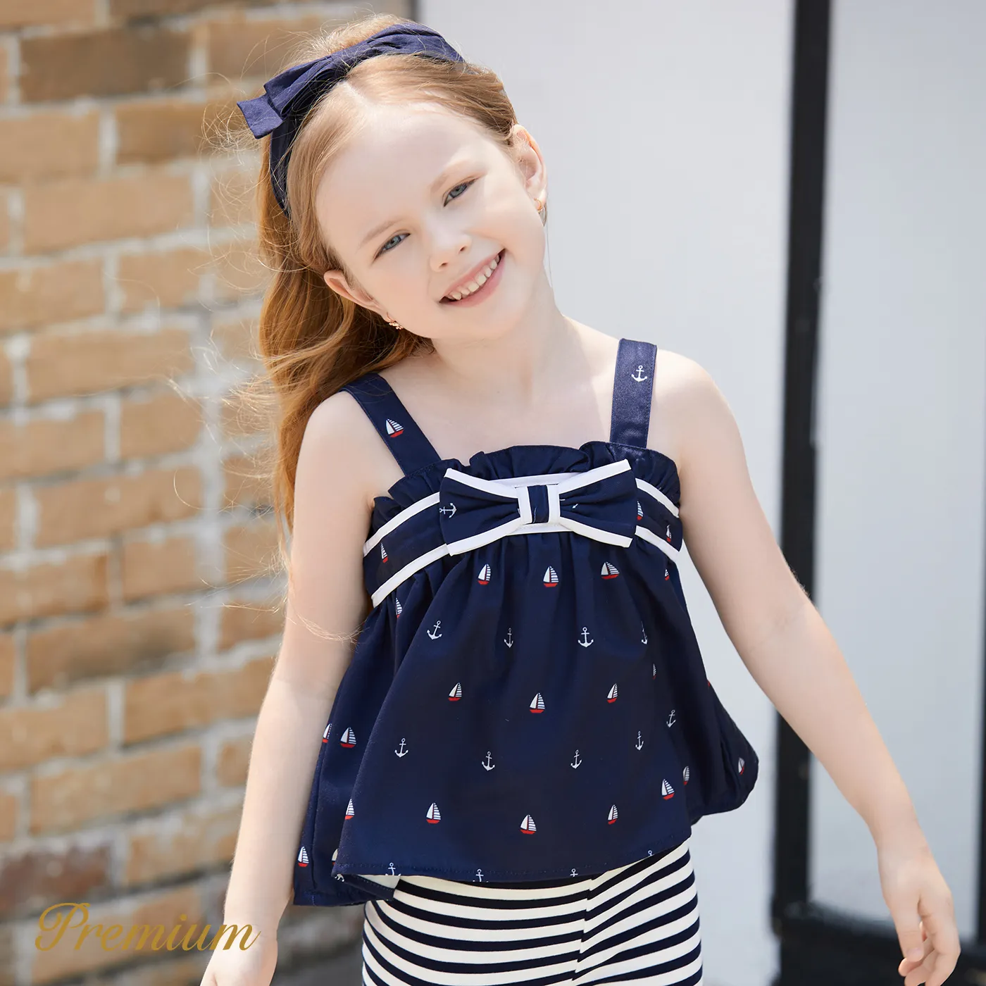 2pcs Baby Girl Anchor Sailboat Print Bow Front Cami Top and Striped Leggings Set  image 2