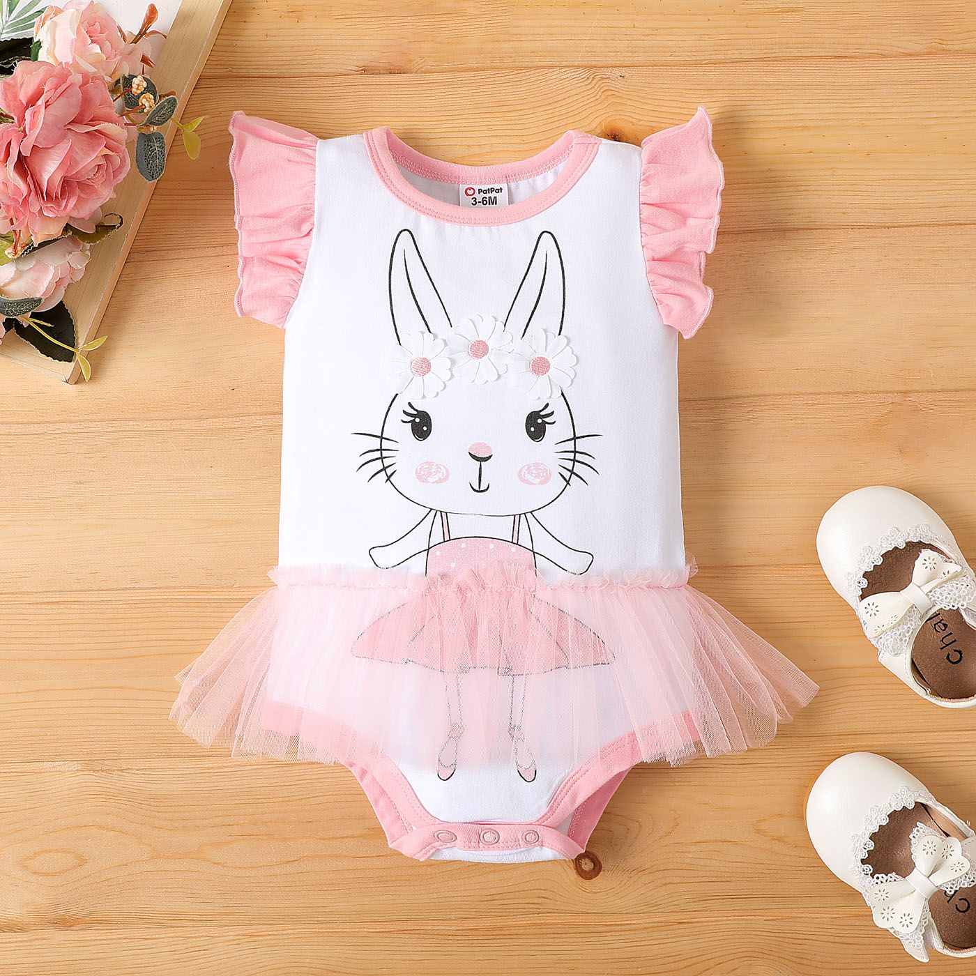 Baby Girl Floral Decor Rabbit Graphic Flutter-sleeve Mesh Bodysuit Dress