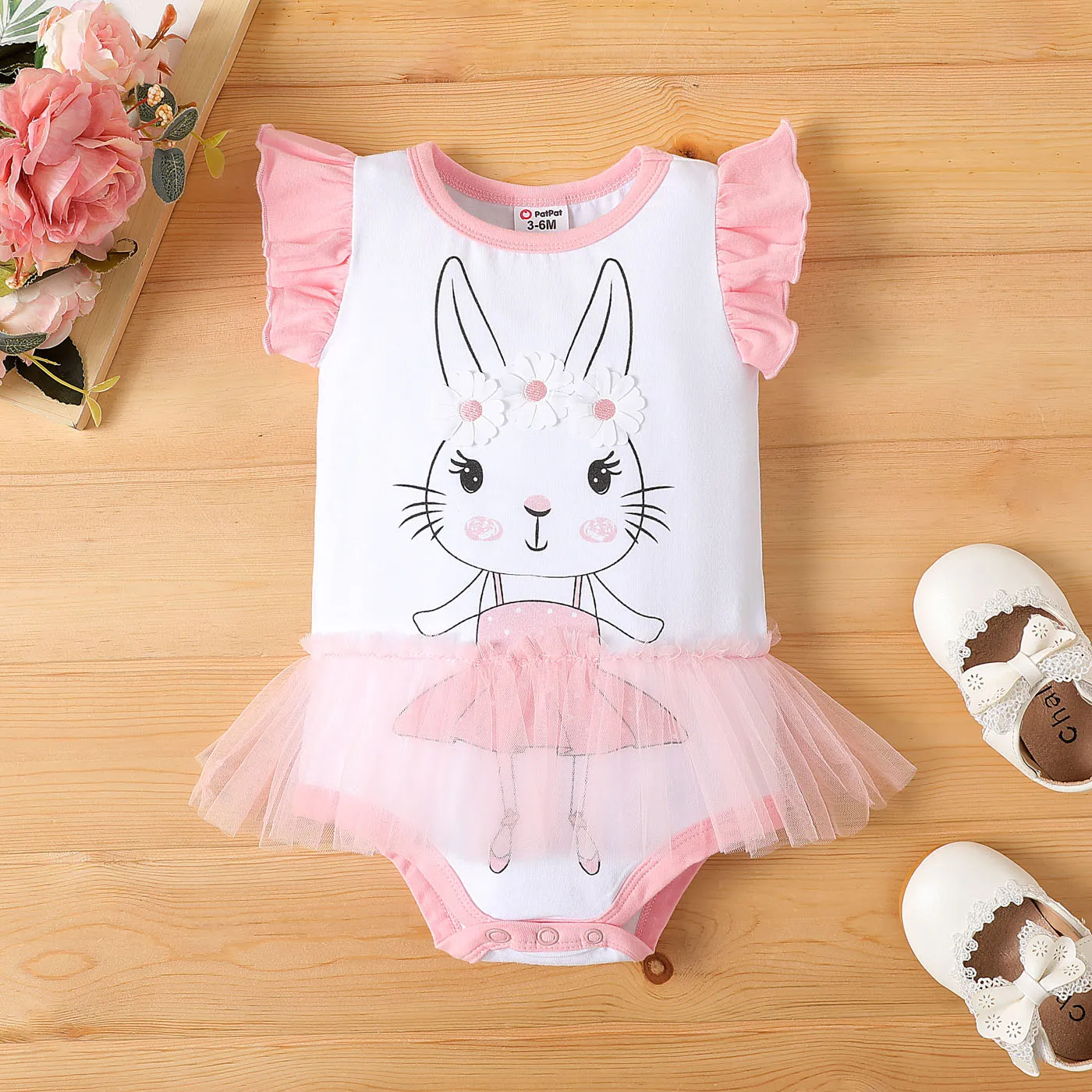 Baby Girl Floral Decor Rabbit Graphic Flutter-sleeve Mesh Bodysuit Dress Pink big image 1
