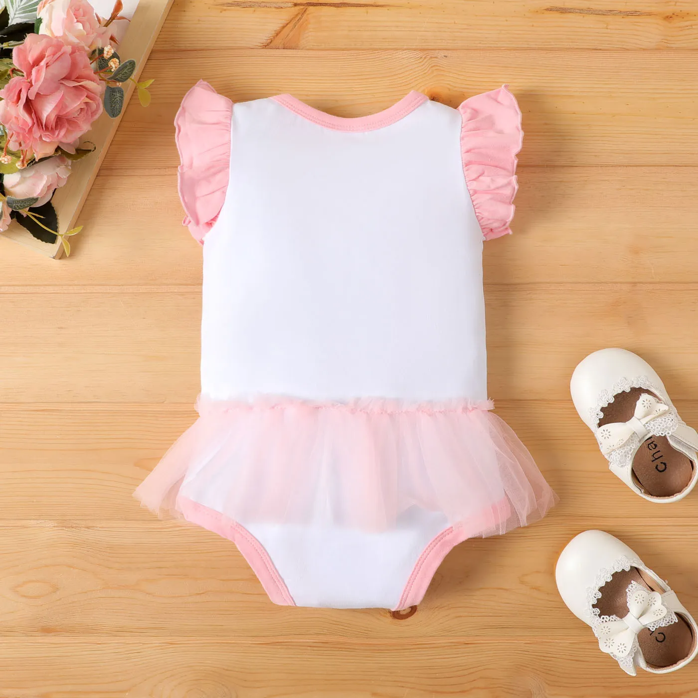 Baby Girl Floral Decor Rabbit Graphic Flutter-sleeve Mesh Bodysuit Dress Pink image 2