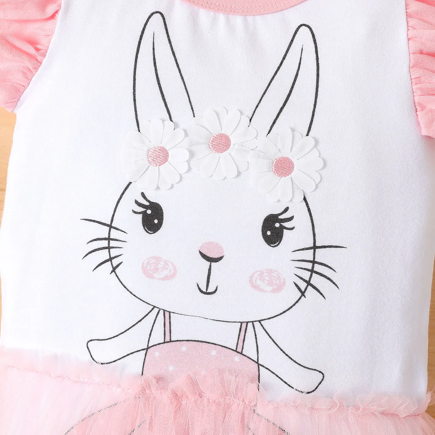 Baby Girl Floral Decor Rabbit Graphic Flutter-sleeve Mesh Bodysuit Dress Pink image 4