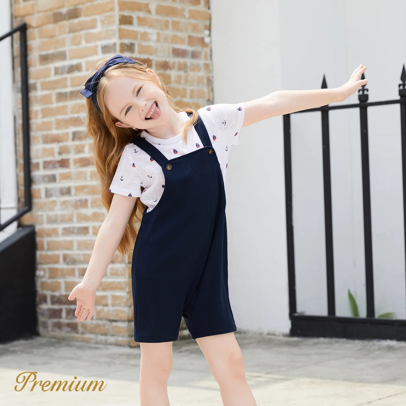 2pcs Toddler Boy Anchor Sailboat Print Short-sleeve Tee and Solid Overalls Shorts Set  big image 1