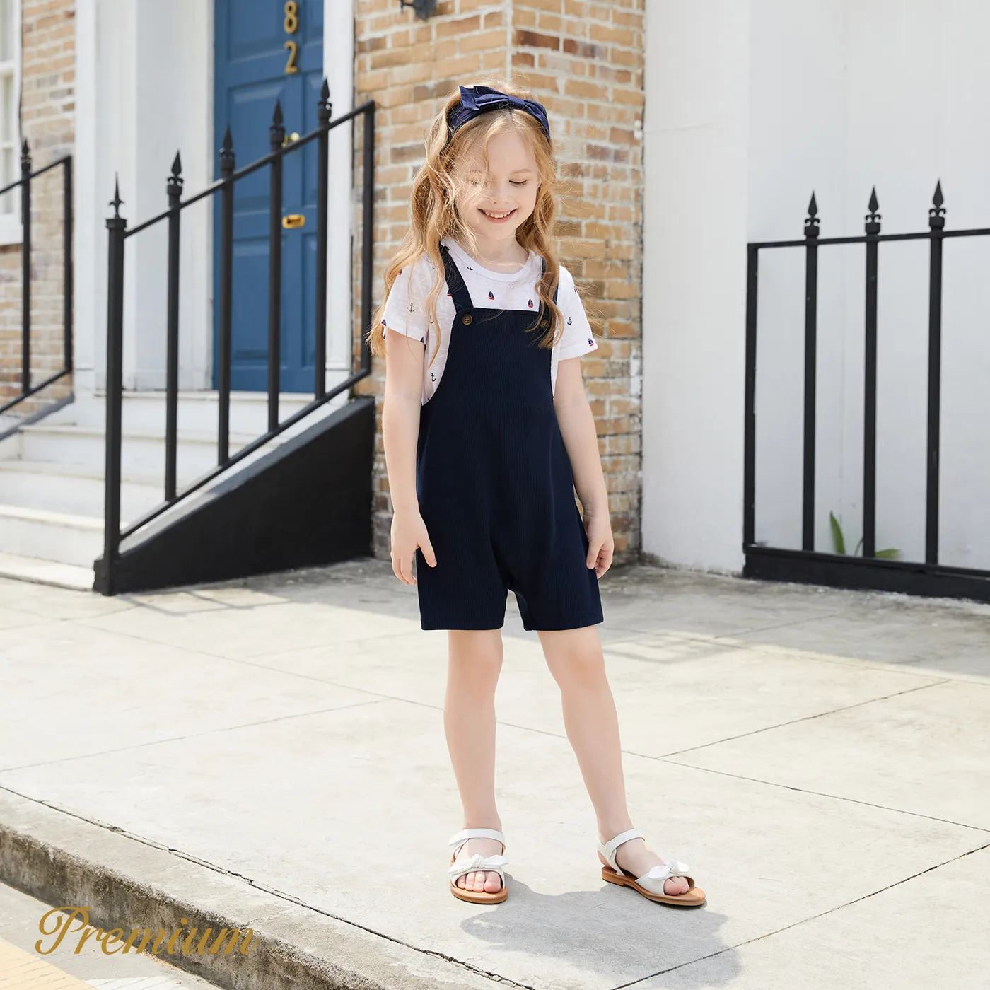 2pcs Toddler Boy Anchor Sailboat Print Short-sleeve Tee and Solid Overalls Shorts Set  image 5