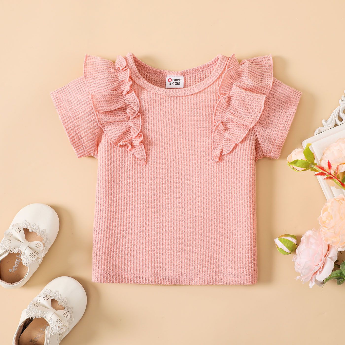 Baby Girl Waffle Ruffle Trim Tee à Manches Courtes