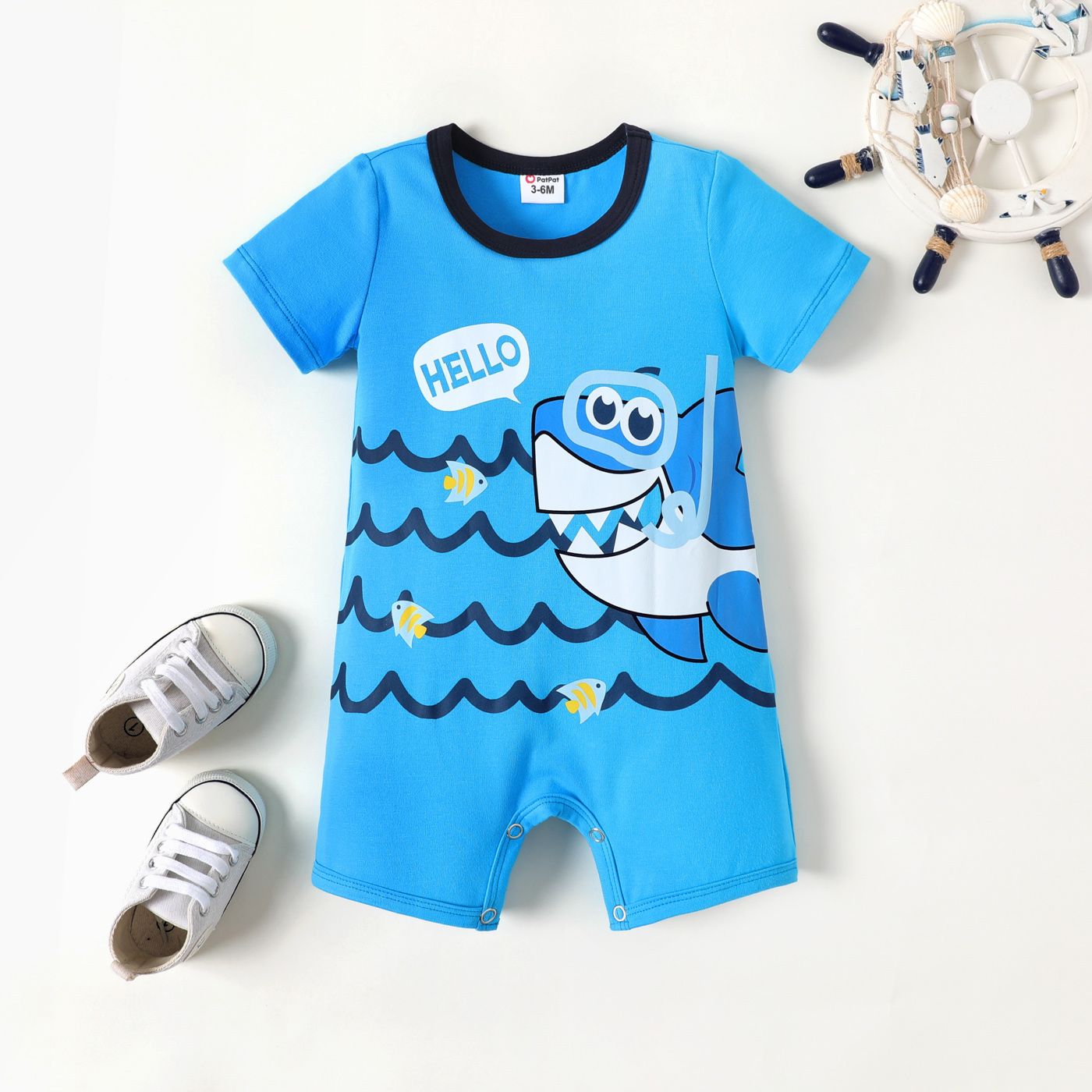 Baby Boy Blue Shark Print Short-sleeve Cotton Jumpsuit